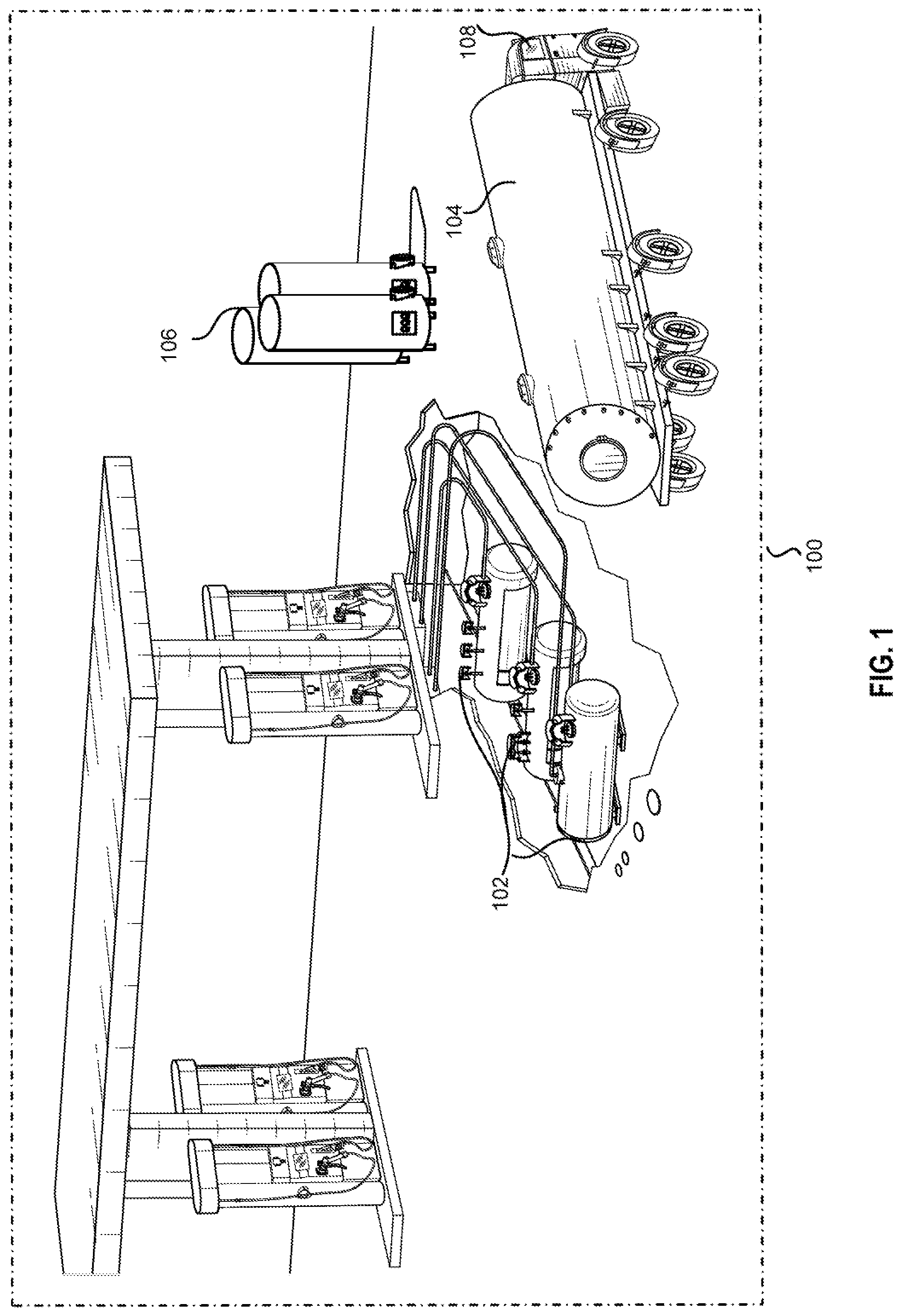 Patent US11774042 Figure 1 – Systems and methods for transporting fuel and carbon dioxide in a dual fluid vessel