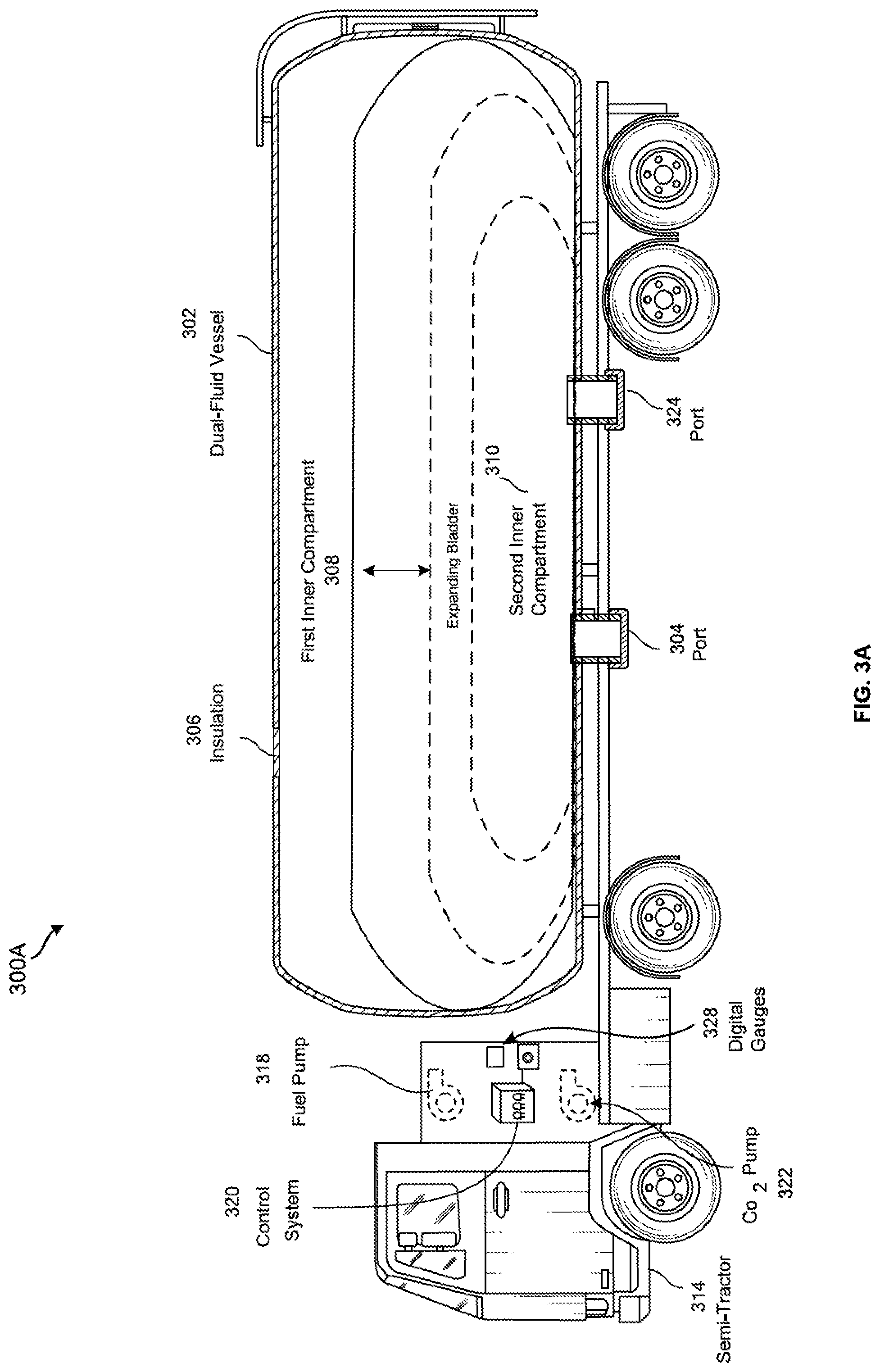 Patent US11774042 Figure 4 – Systems and methods for transporting fuel and carbon dioxide in a dual fluid vessel