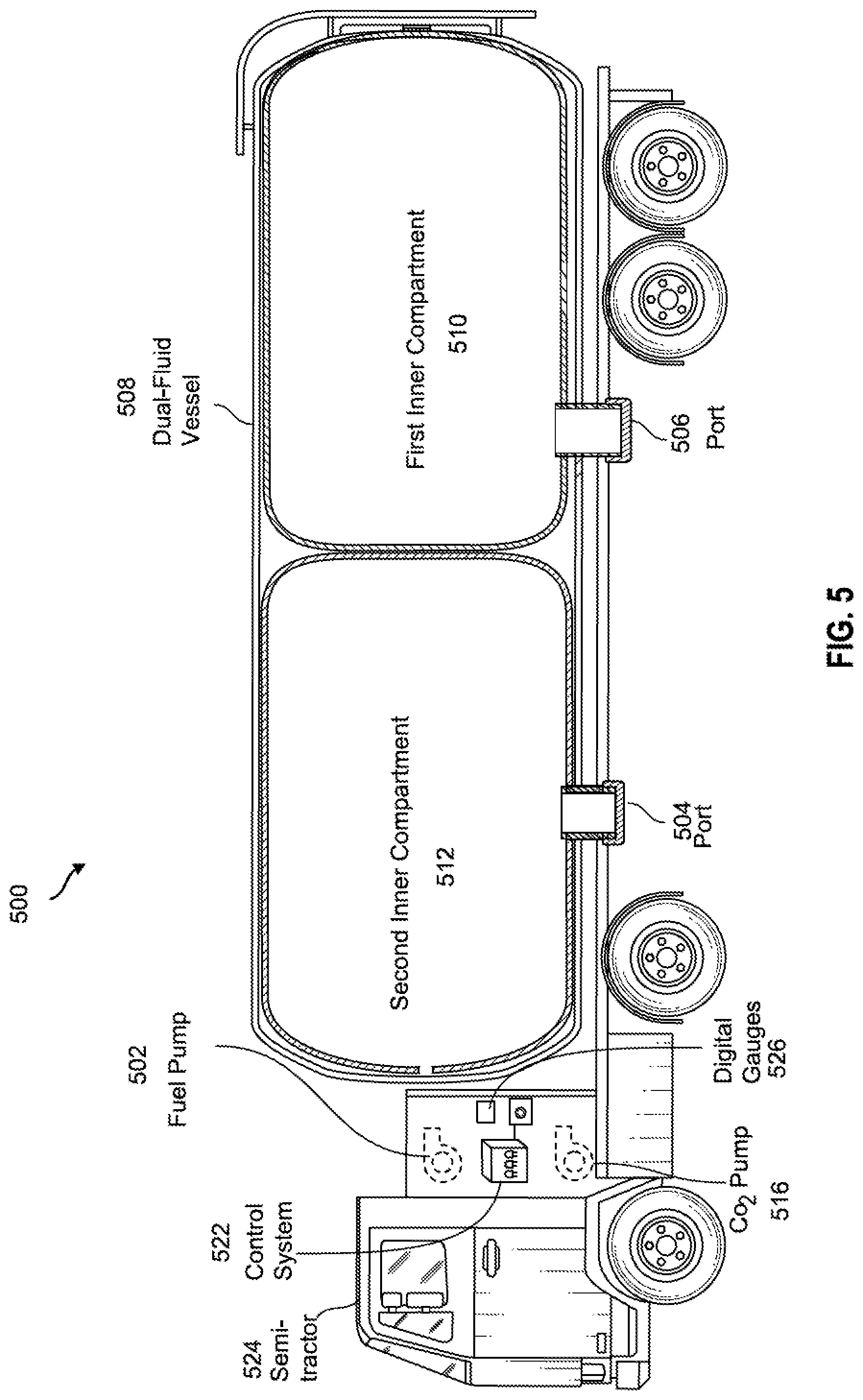 Patent US11774042 Figure 10 – Systems and methods for transporting fuel and carbon dioxide in a dual fluid vessel