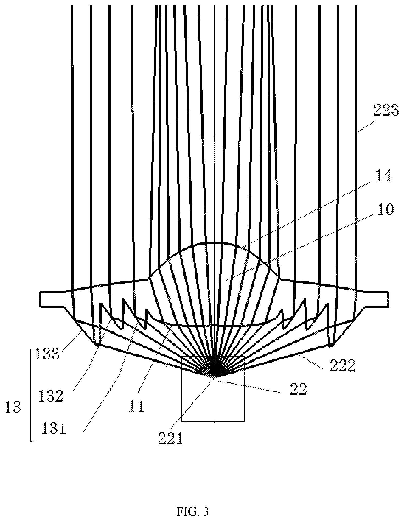 Patent US11774062 Figure 2 – Lens with total reflective incident surface and lighting fixture