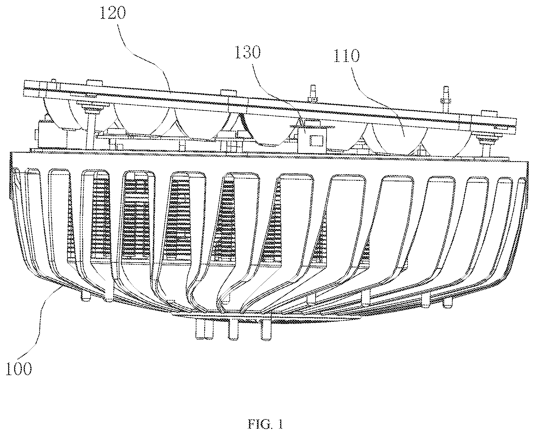 Patent US11774069 Figure 1 – Light fixture system with auto-adjustable inclination angle of lens