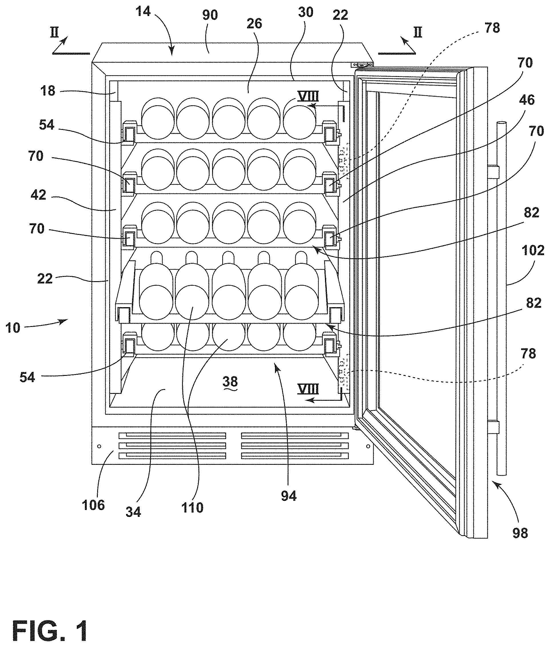 Patent US11774171 Figure 1 – Side wall attachment system for extractable wine shelves