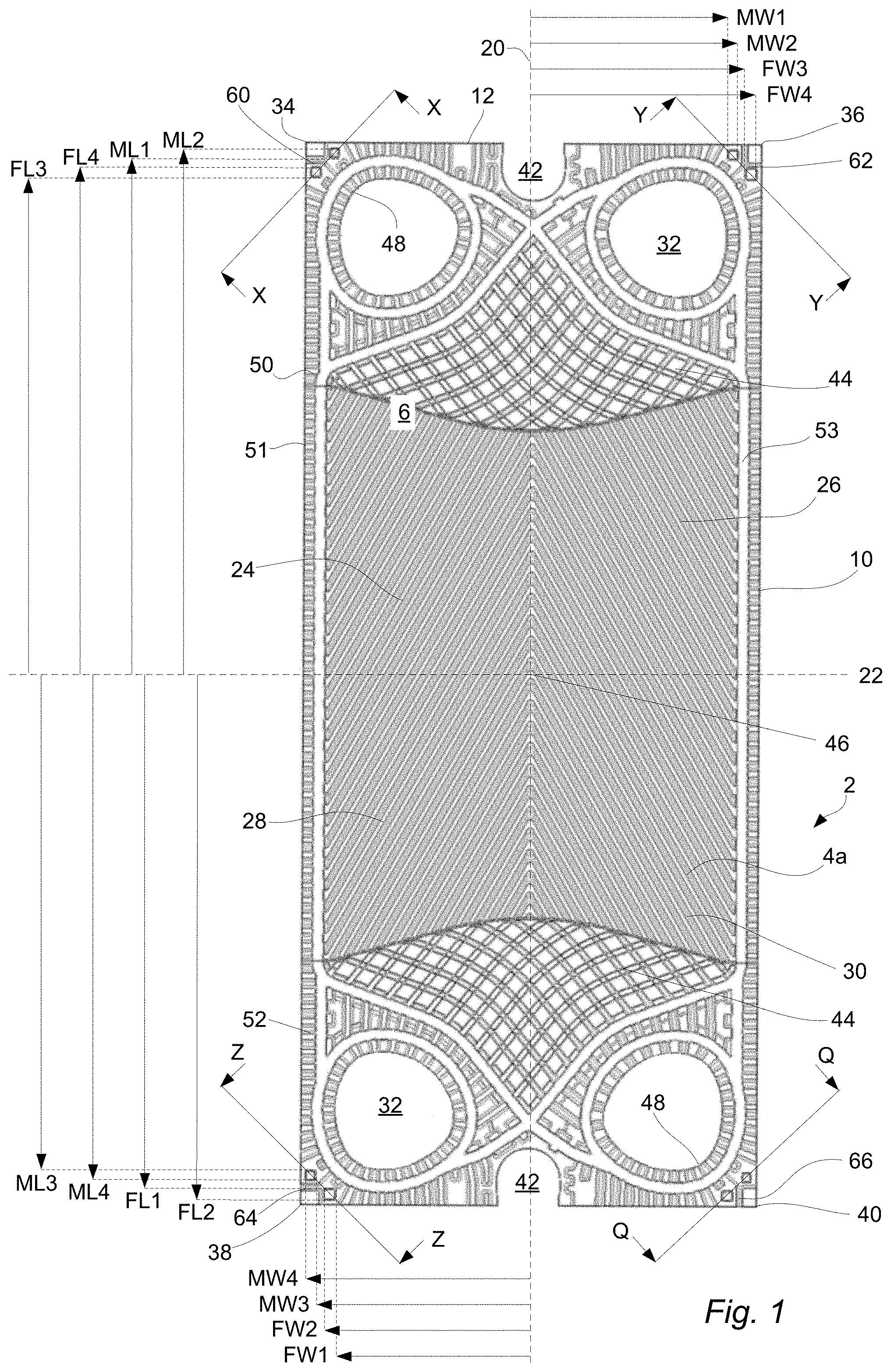 Patent US11774191 Figure 1 – Heat transfer plate and a plate pack for a heat exchanger comprising a plurality of such heat transfer plates