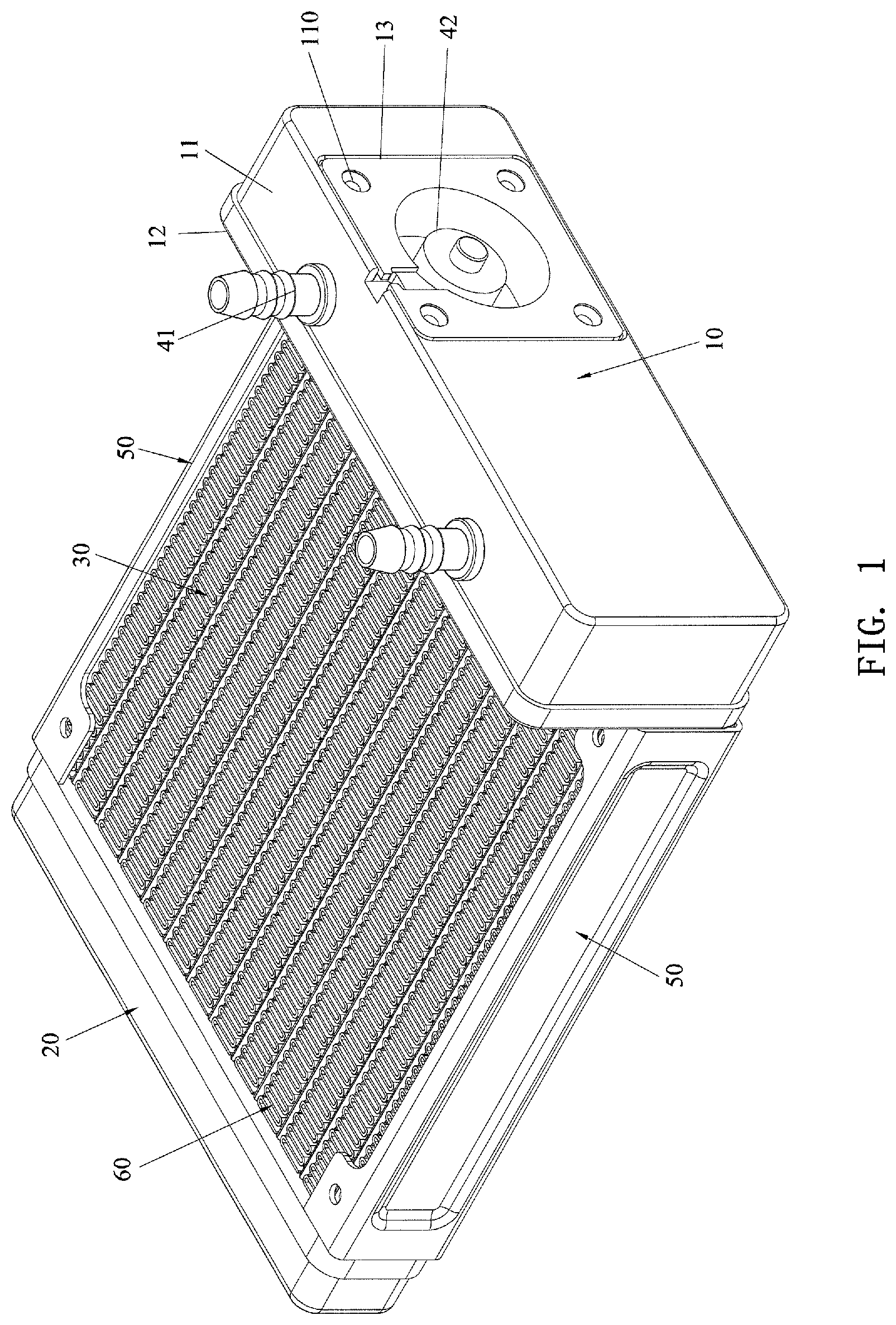 Patent US11774192 Figure 1 – Water cooling radiator with built-in water pump