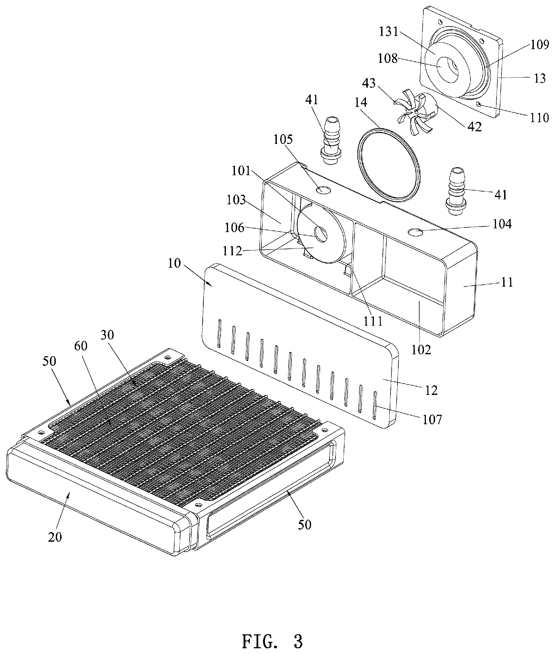 Patent US11774192 Figure 3 – Water cooling radiator with built-in water pump