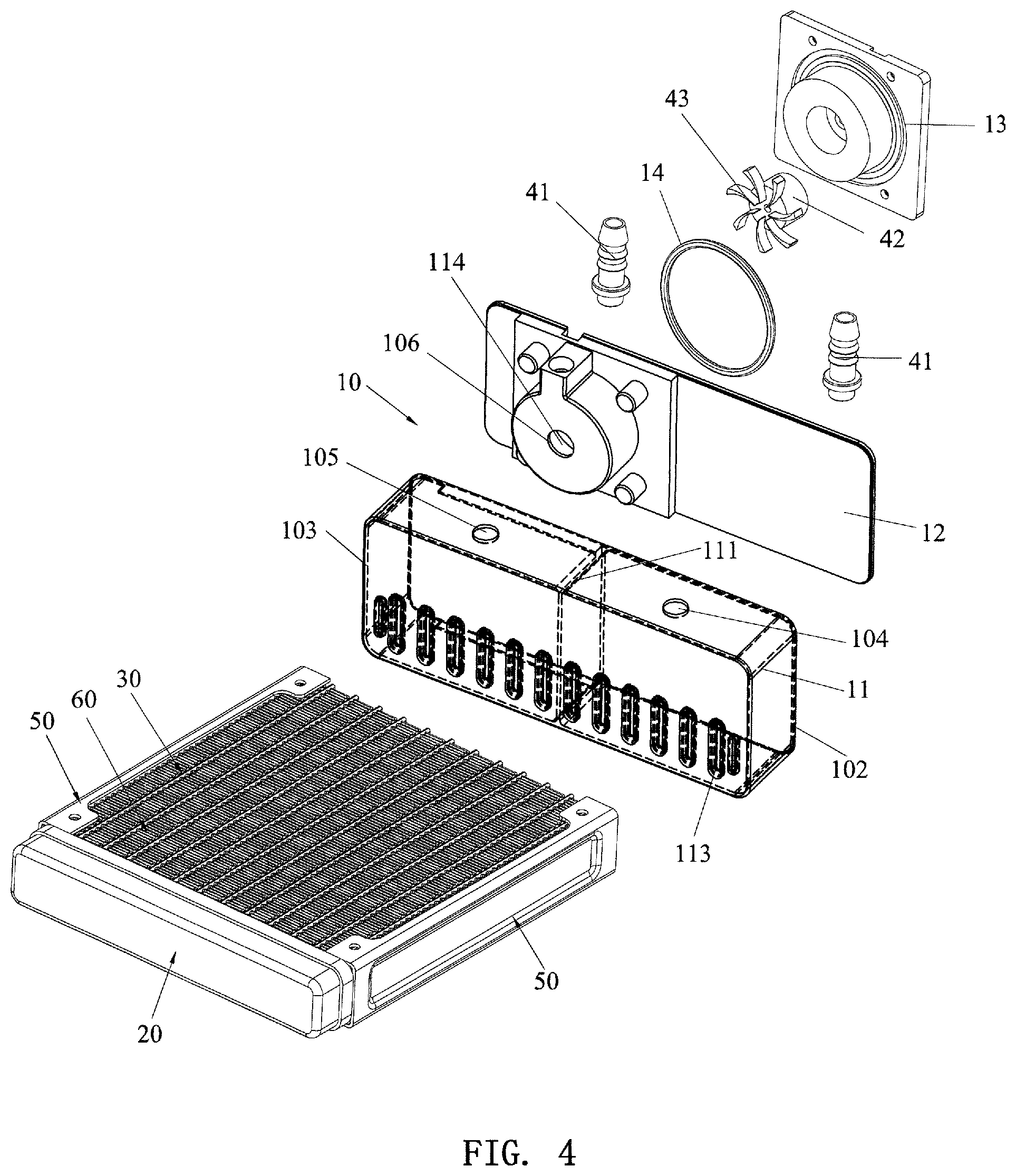 Patent US11774192 Figure 4 – Water cooling radiator with built-in water pump