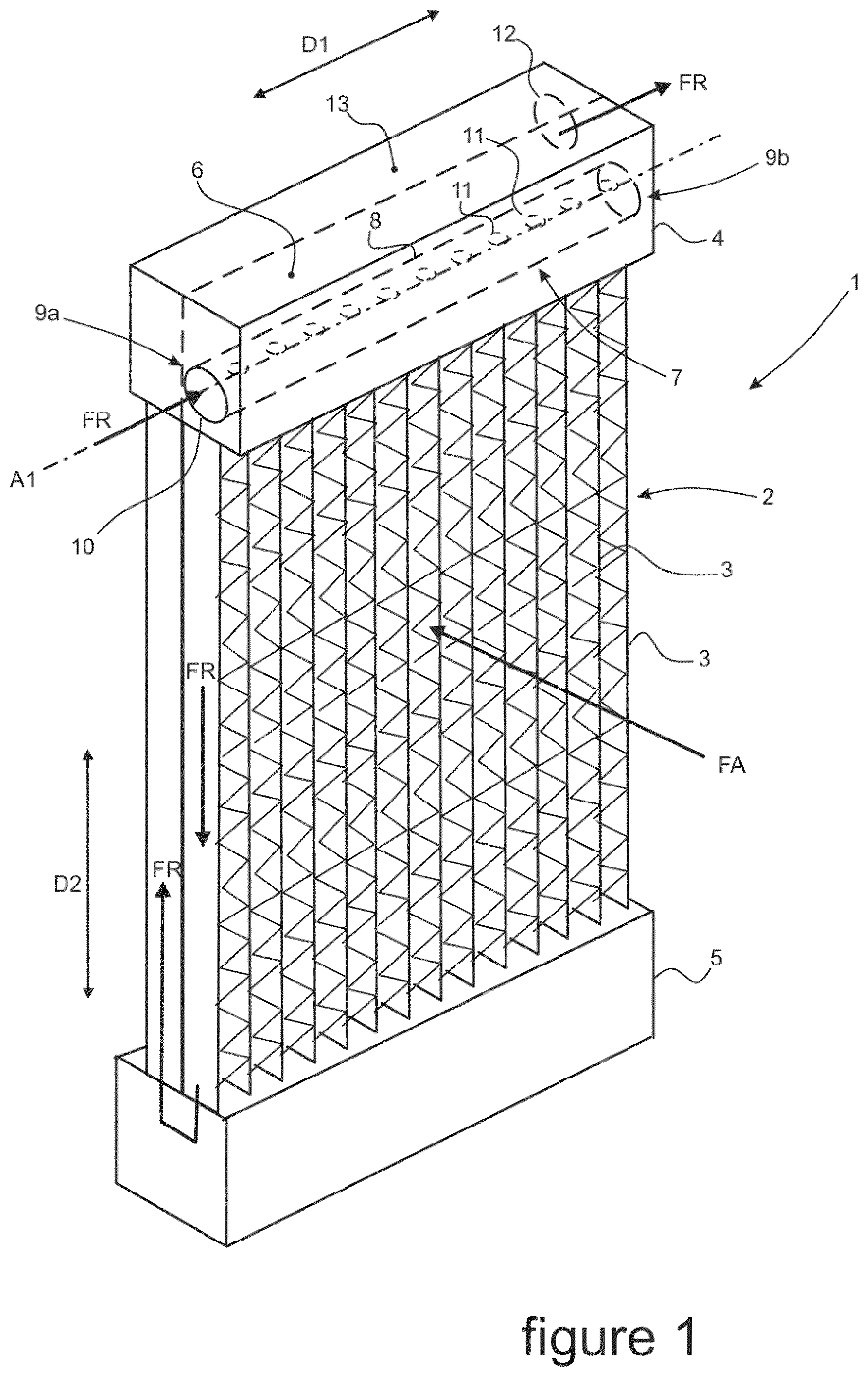 Patent US11774193 Figure 1 – Header of a heat exchanger provided with a member for retention and/or angular positioning of a device for distribution of a refrigerant fluid