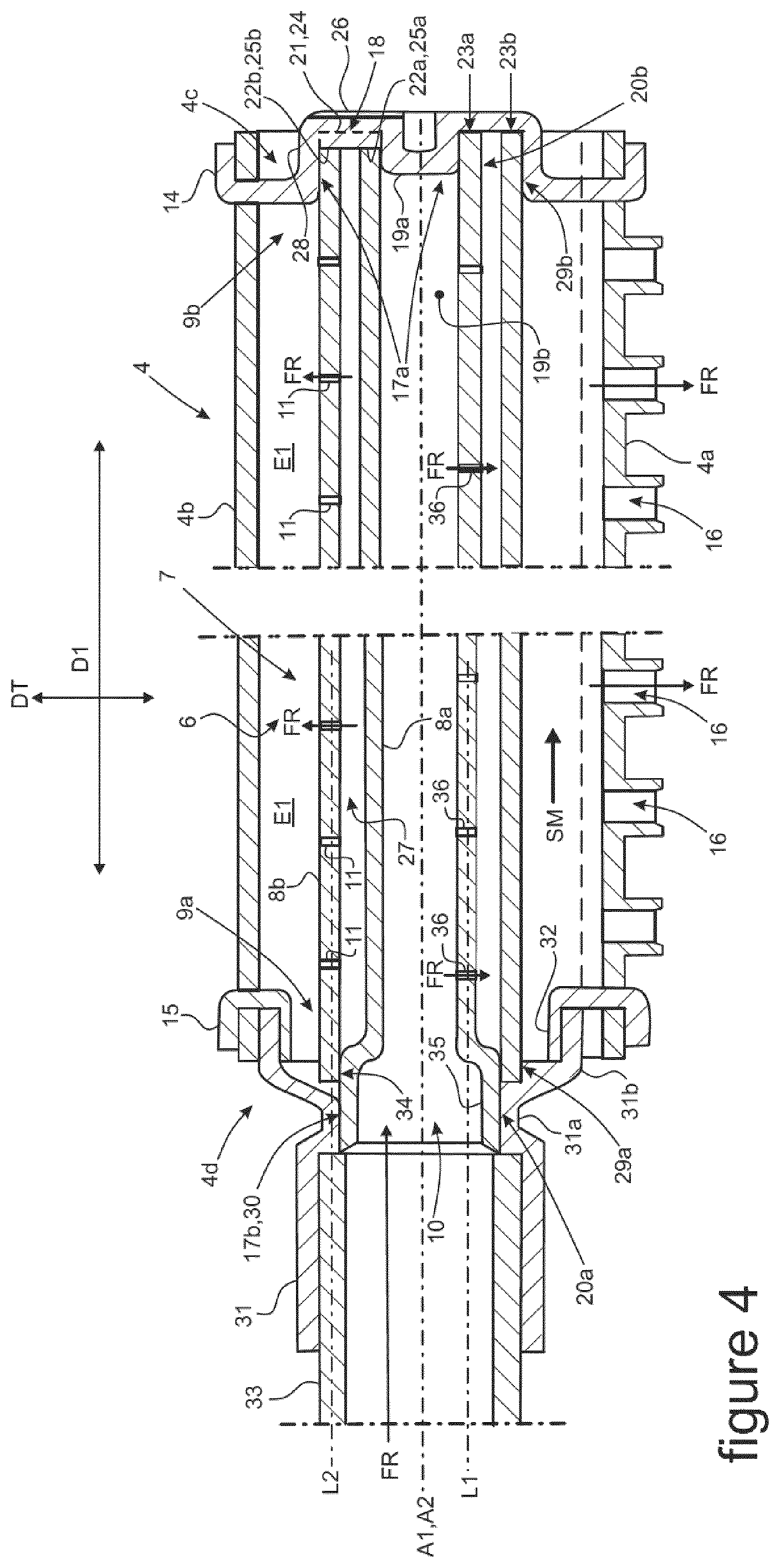Patent US11774193 Figure 3 – Header of a heat exchanger provided with a member for retention and/or angular positioning of a device for distribution of a refrigerant fluid