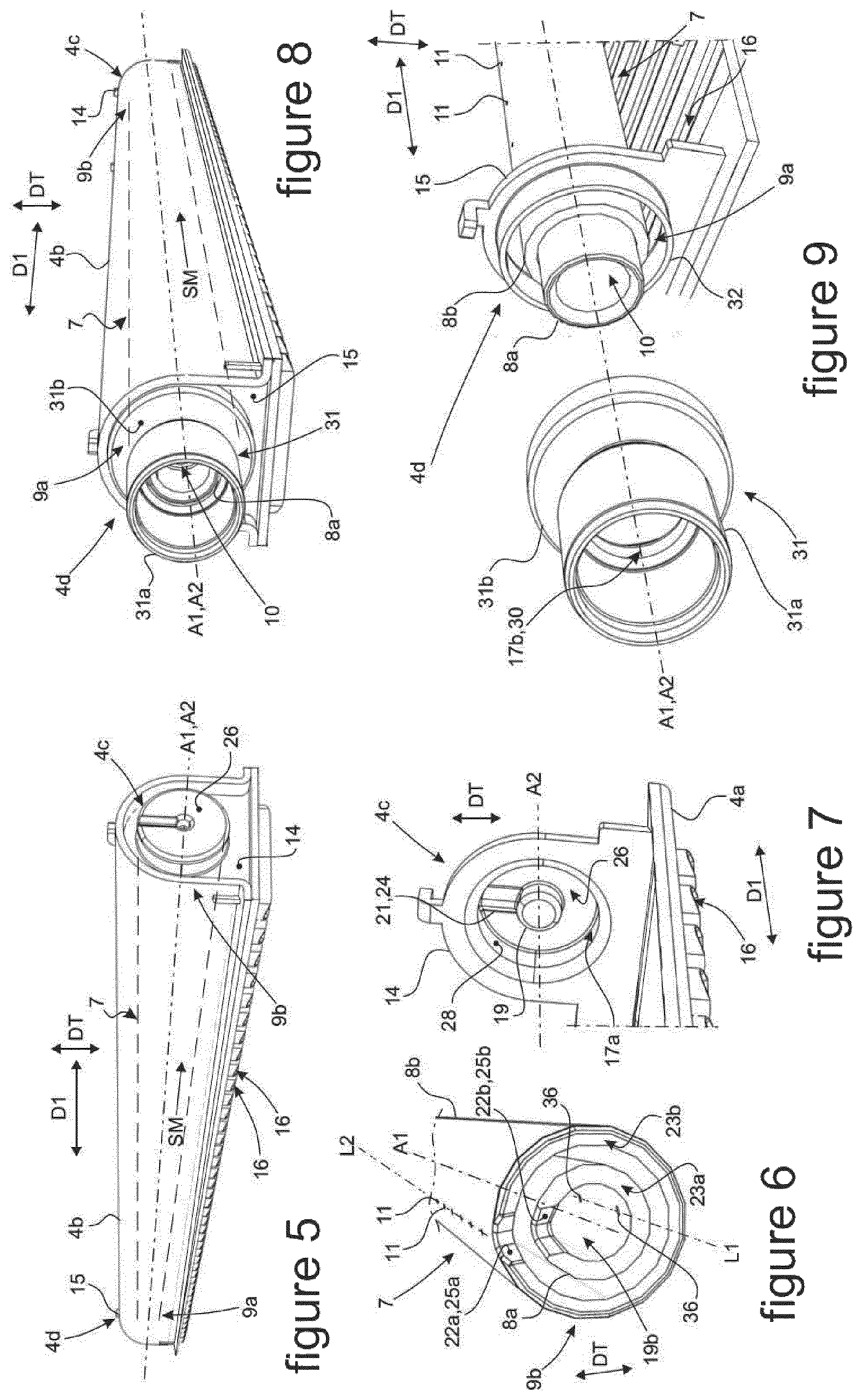 Patent US11774193 Figure 4 – Header of a heat exchanger provided with a member for retention and/or angular positioning of a device for distribution of a refrigerant fluid