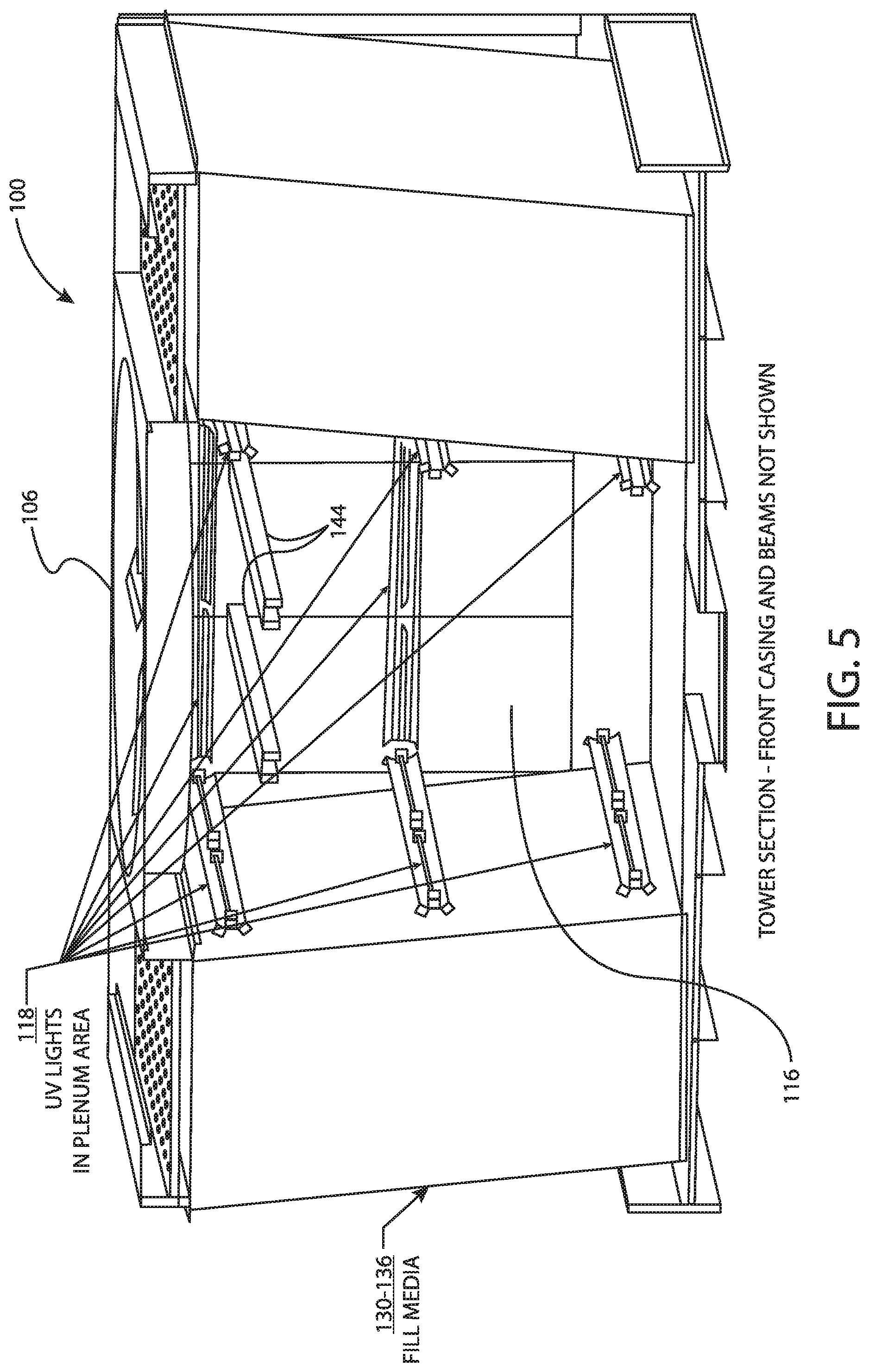 Patent US11774195 Figure 5 – Cooling tower with UV treatment of drift