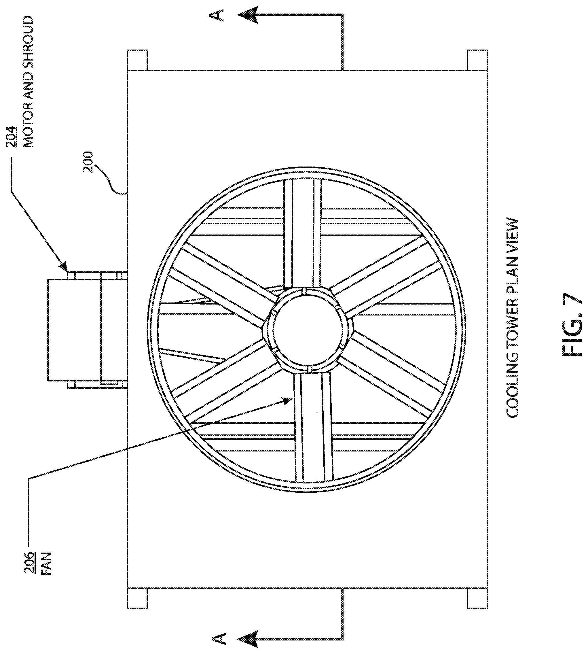 Patent US11774195 Figure 7 – Cooling tower with UV treatment of drift