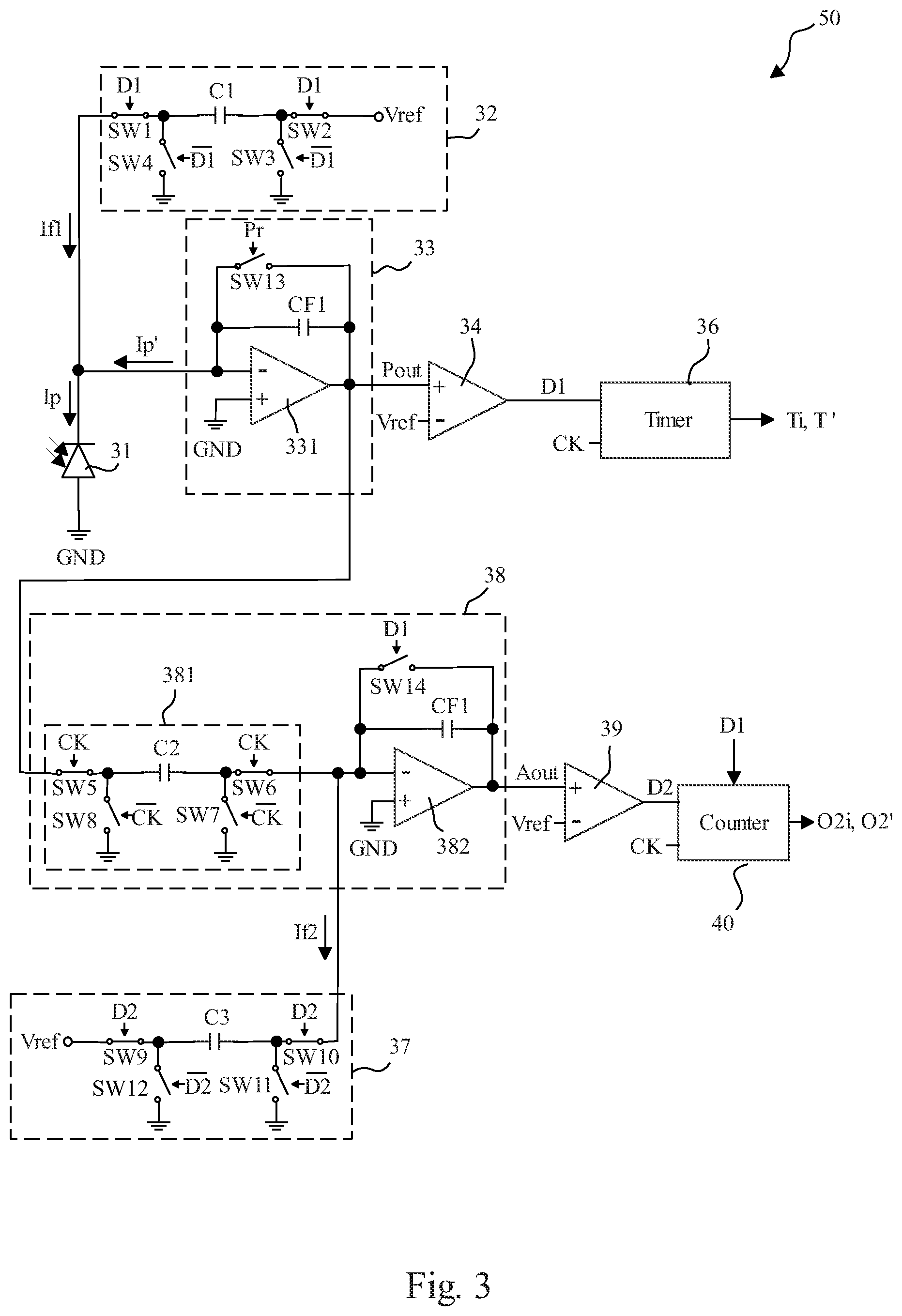 Patent US11774284 Figure 3 – High-sensitivity light sensor and sensing method thereof comprising a plurality of comparator circuits, reset circuits and counter circuits