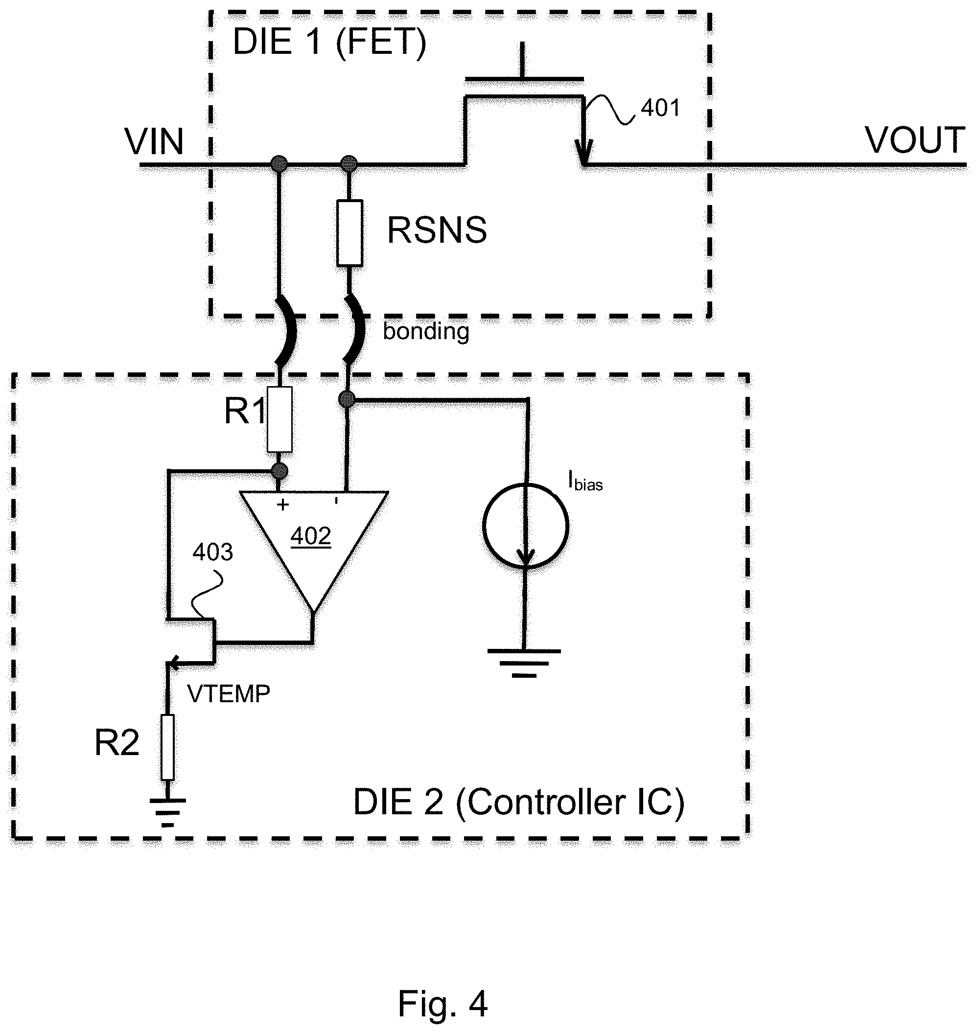 Patent US11774296 Figure 4 – Method and circuit for sensing MOSFET temperature for load switch application