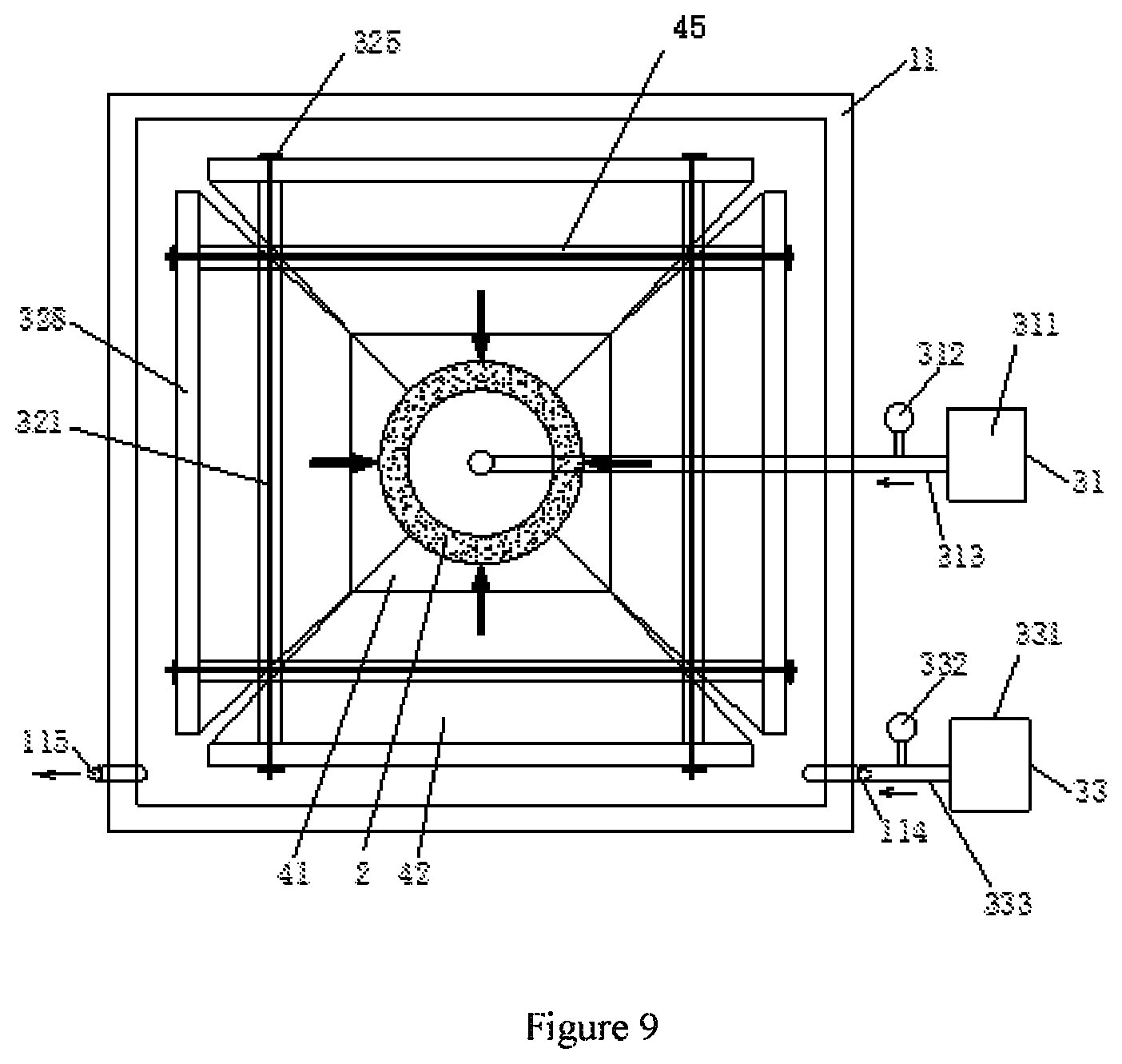 Patent US11774335 Figure 6 – Experimental system of surrounding rock and lining structure under unequal surrounding pressure and water pressure