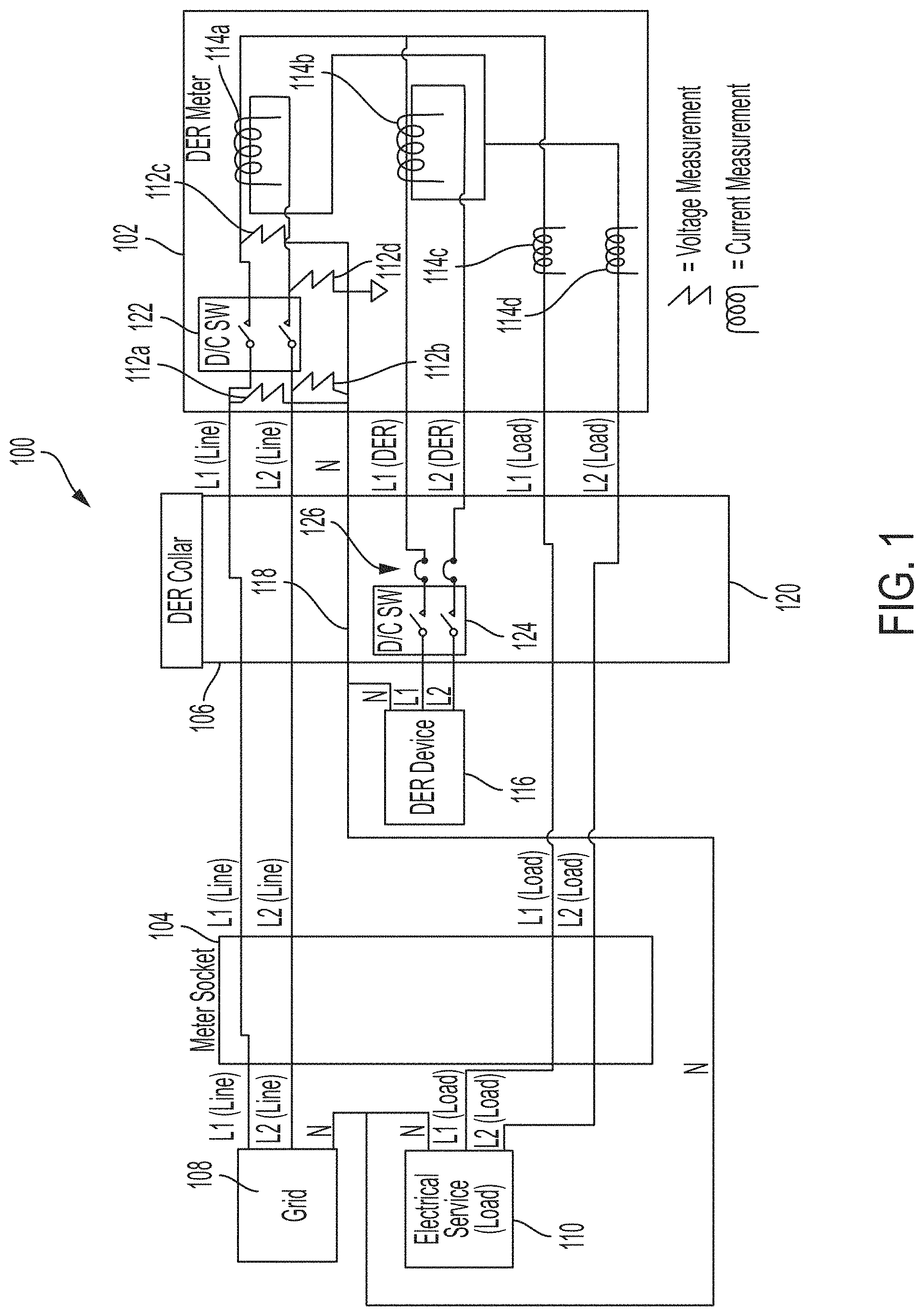 Patent US11774473 Figure 1 – Systems for electrically connecting metering devices and distributed energy resource devices