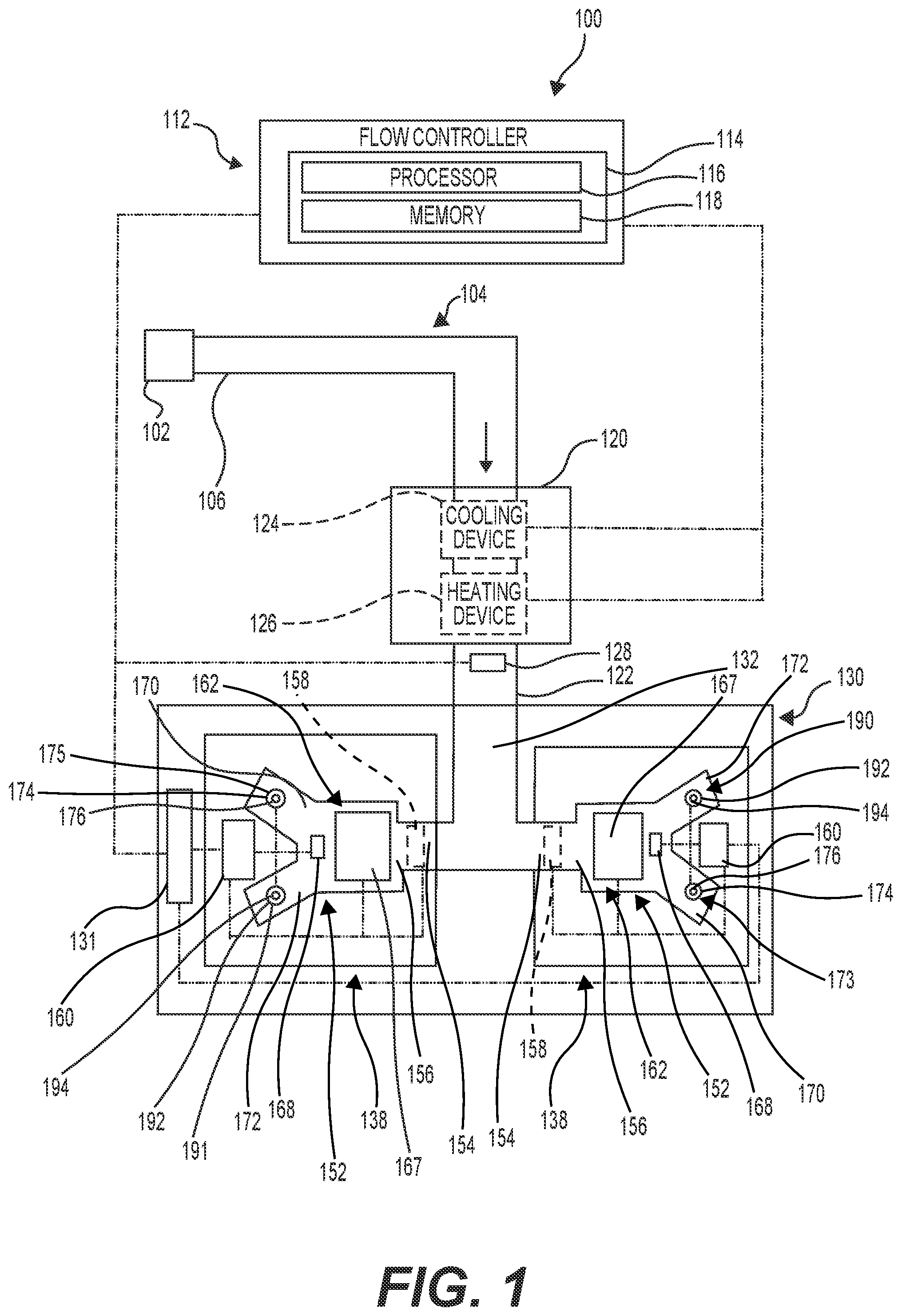 Patent US11774486 Figure 1 – Temperature control system including contactor assembly