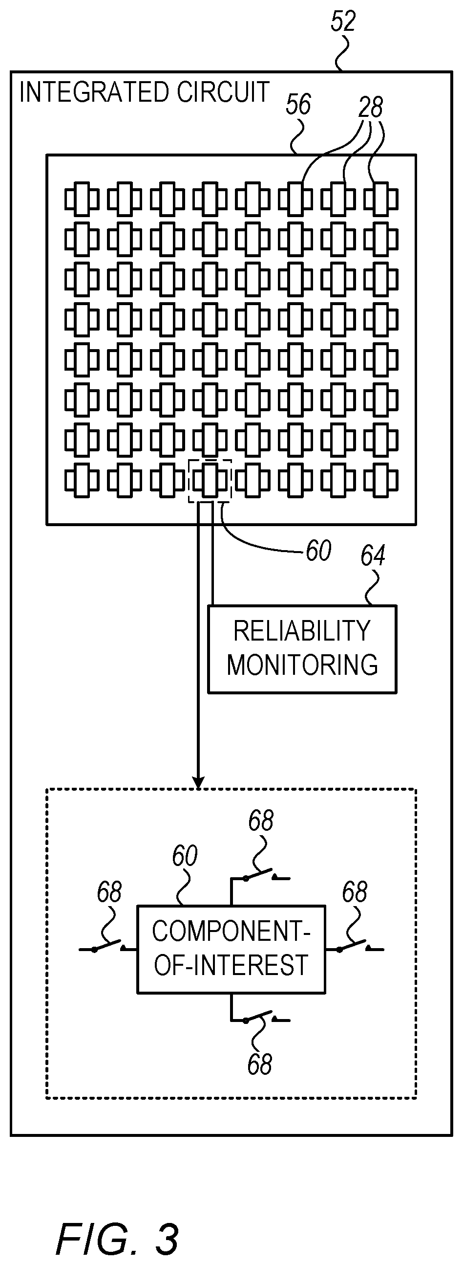 Patent US11774490 Figure 2 – Real-time, in-situ reliability monitoring in an integrated circuit