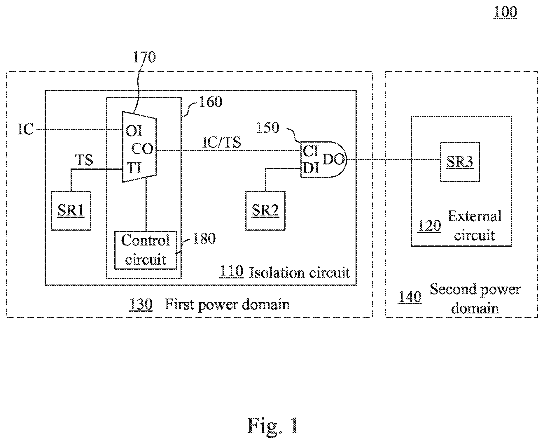 Patent US11774497 — Isolation circuit having test mechanism and test method thereof — Figure 1