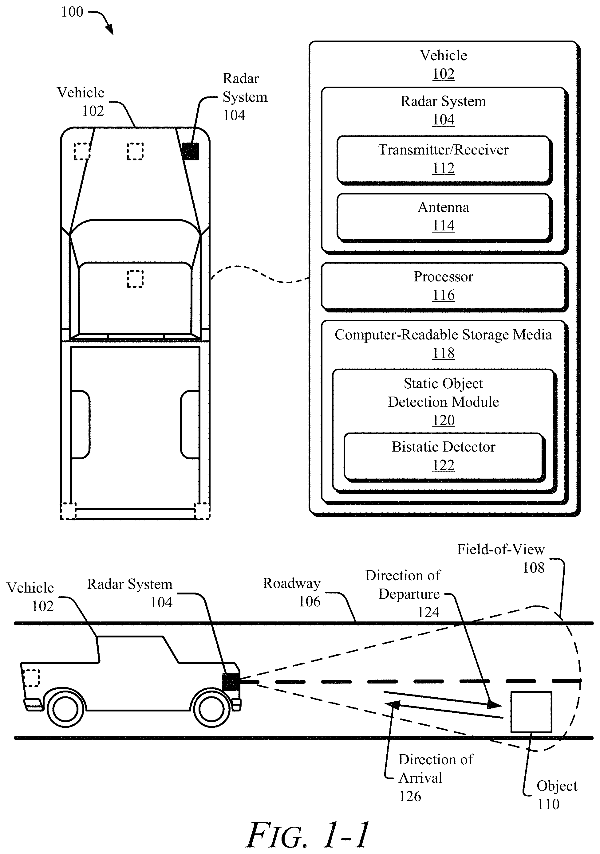 Patent US11774548 Figure 1 – Linear prediction-based bistatic detector for automotive radar