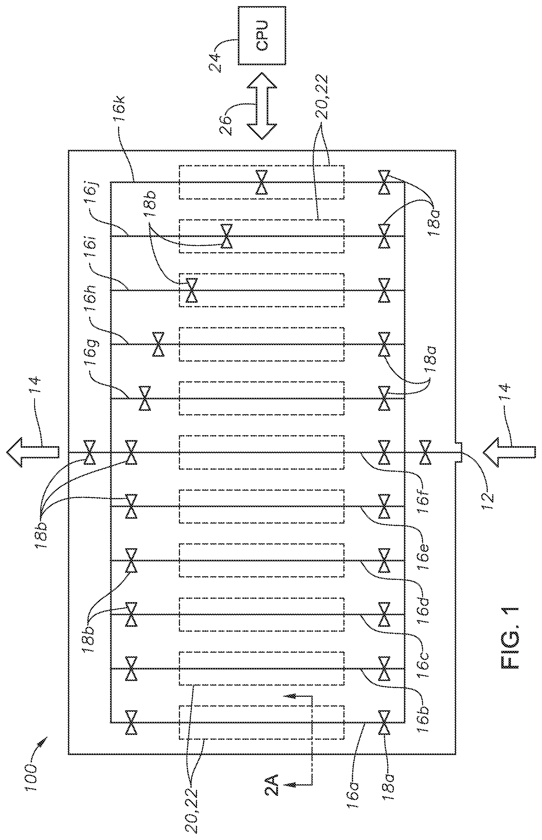 Patent US11774623 Figure 1 – Microfluidic device and method for parallel pressure-volume-temperature analysis in reservoir simulations