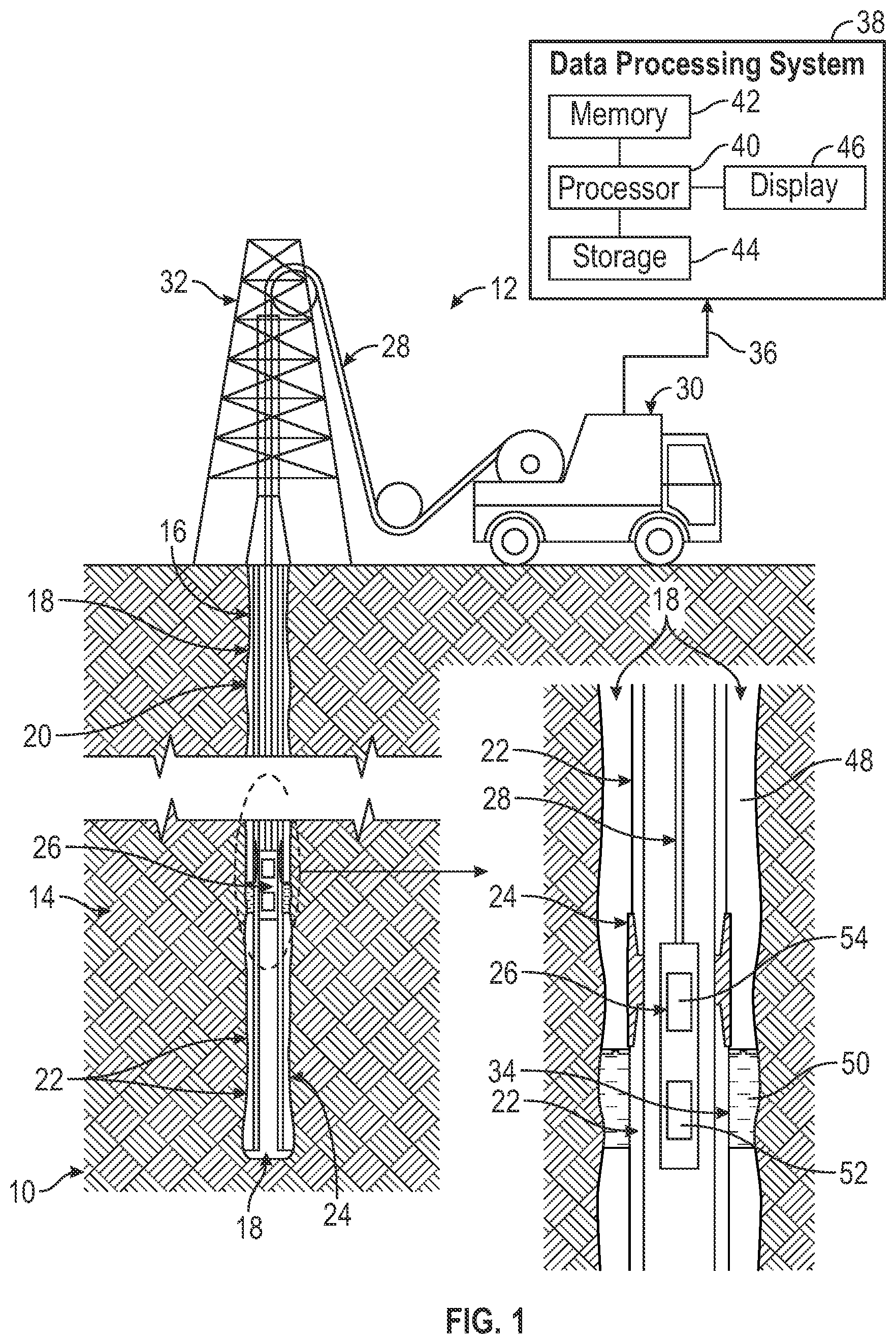Patent US11774629 Figure 1 – Systems and methods for determining the presence of cement behind at least one casing using spectroscopy measurement