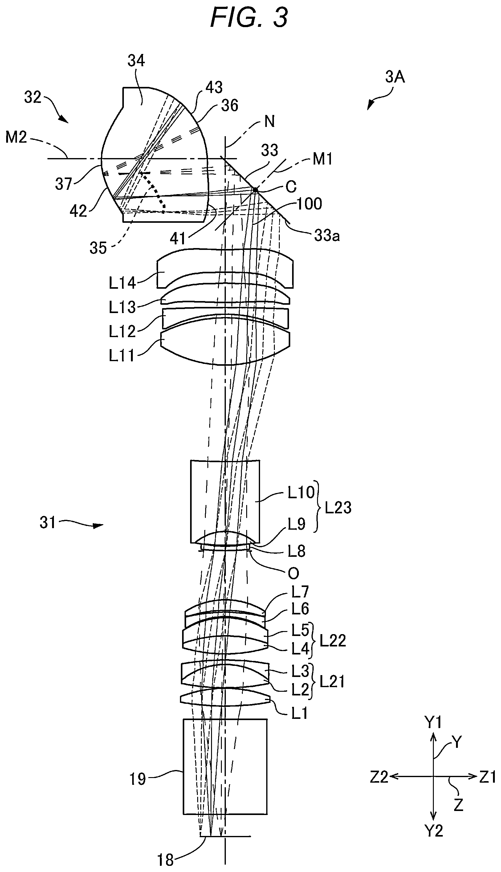 Patent US11774731 Figure 3 – Optical system, projector, and imaging apparatus