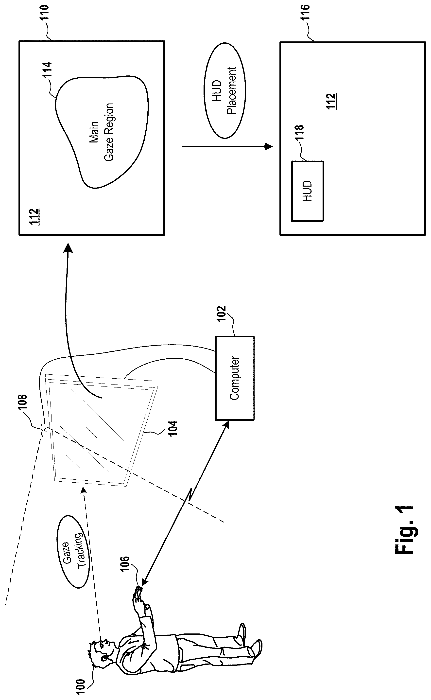 Patent US11774754 Figure 1 – Automatic positioning of head-up display based on gaze tracking