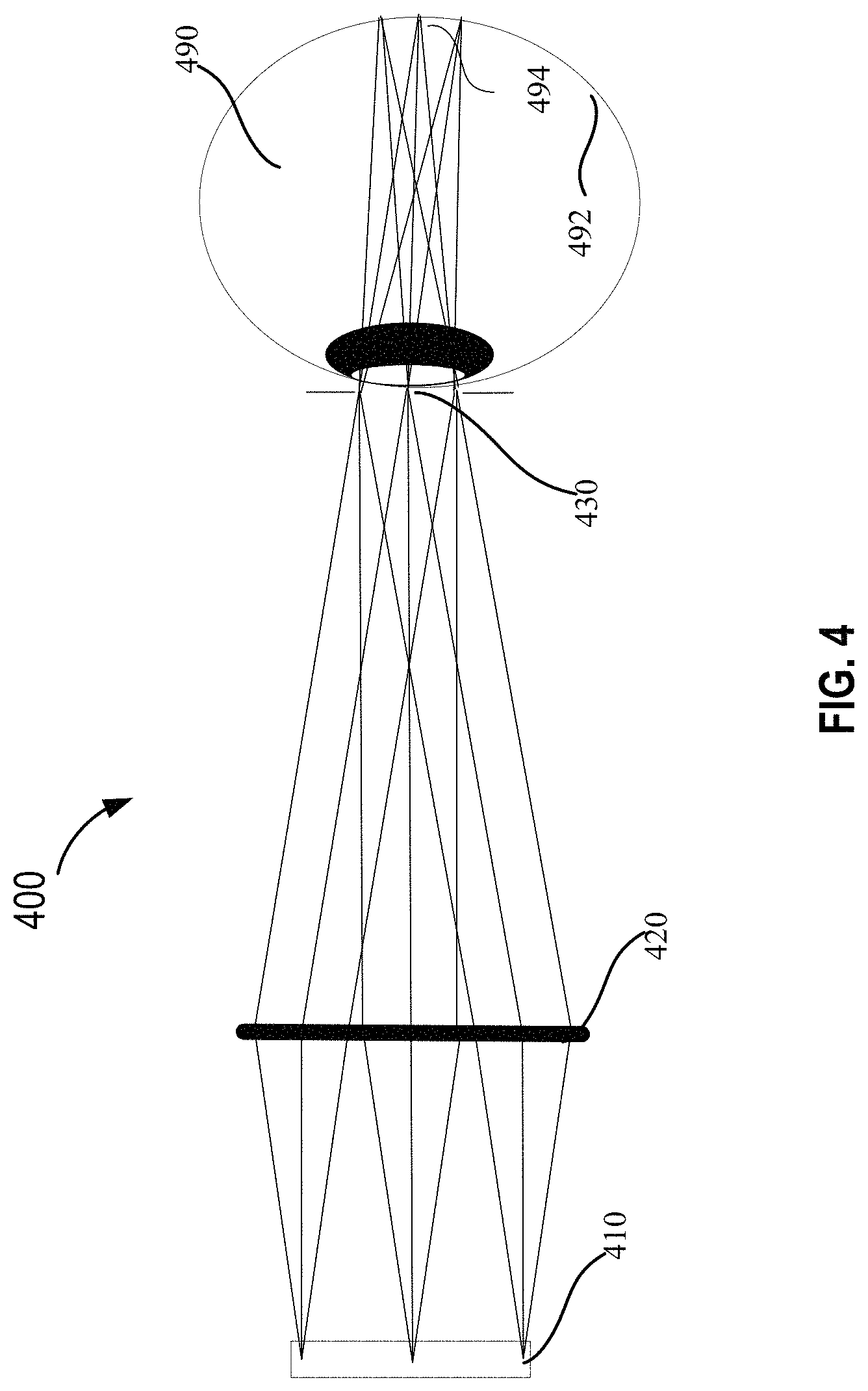 Patent US11774758 Figure 4 – Waveguide display with multiple monochromatic projectors