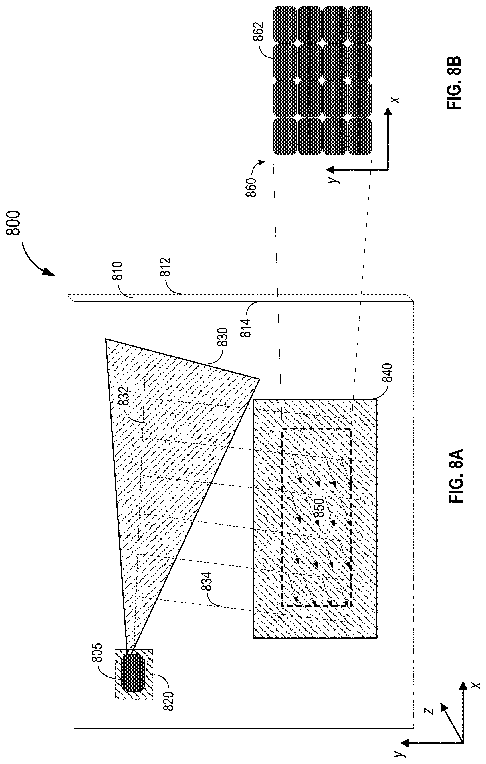 Patent US11774758 Figure 8 – Waveguide display with multiple monochromatic projectors