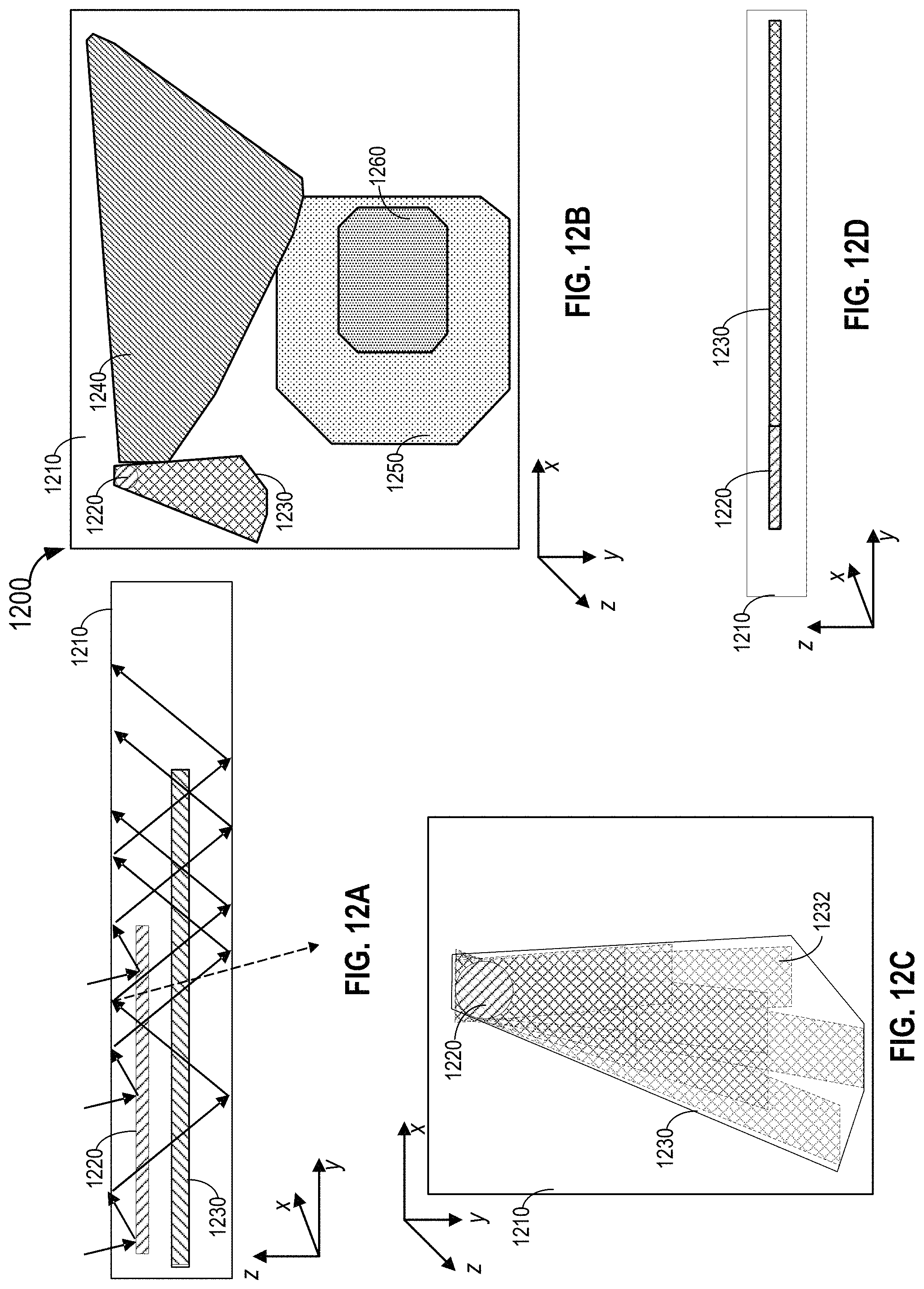 Patent US11774758 Figure 12 – Waveguide display with multiple monochromatic projectors