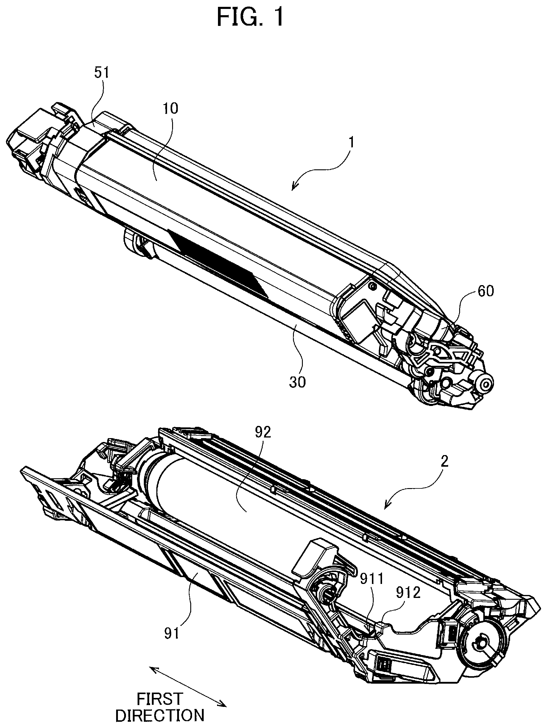 Patent US11774903 Figure 1 – Developing cartridge including casing, and first lever pivotally movable about shaft thereof relative to casing