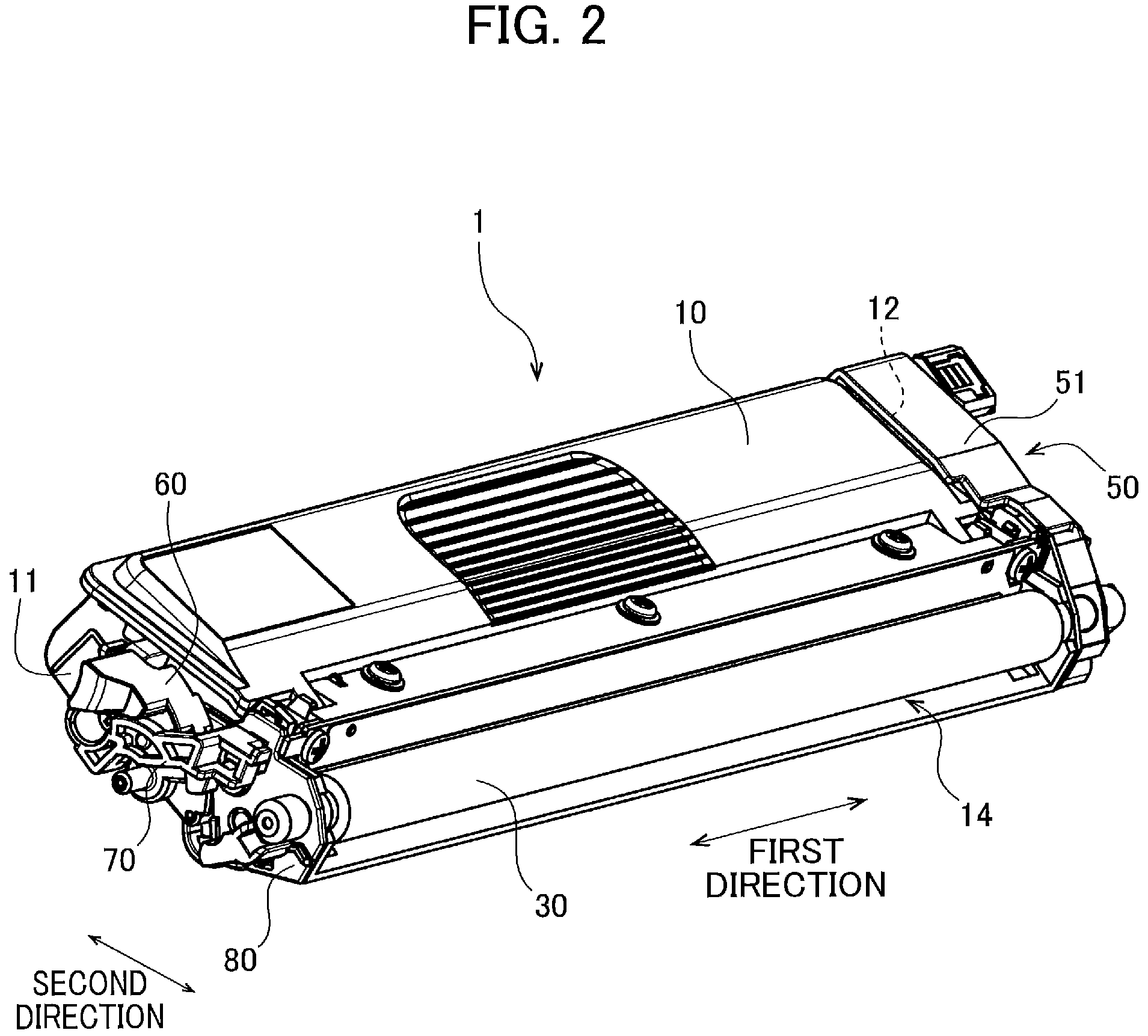 Patent US11774903 Figure 2 – Developing cartridge including casing, and first lever pivotally movable about shaft thereof relative to casing
