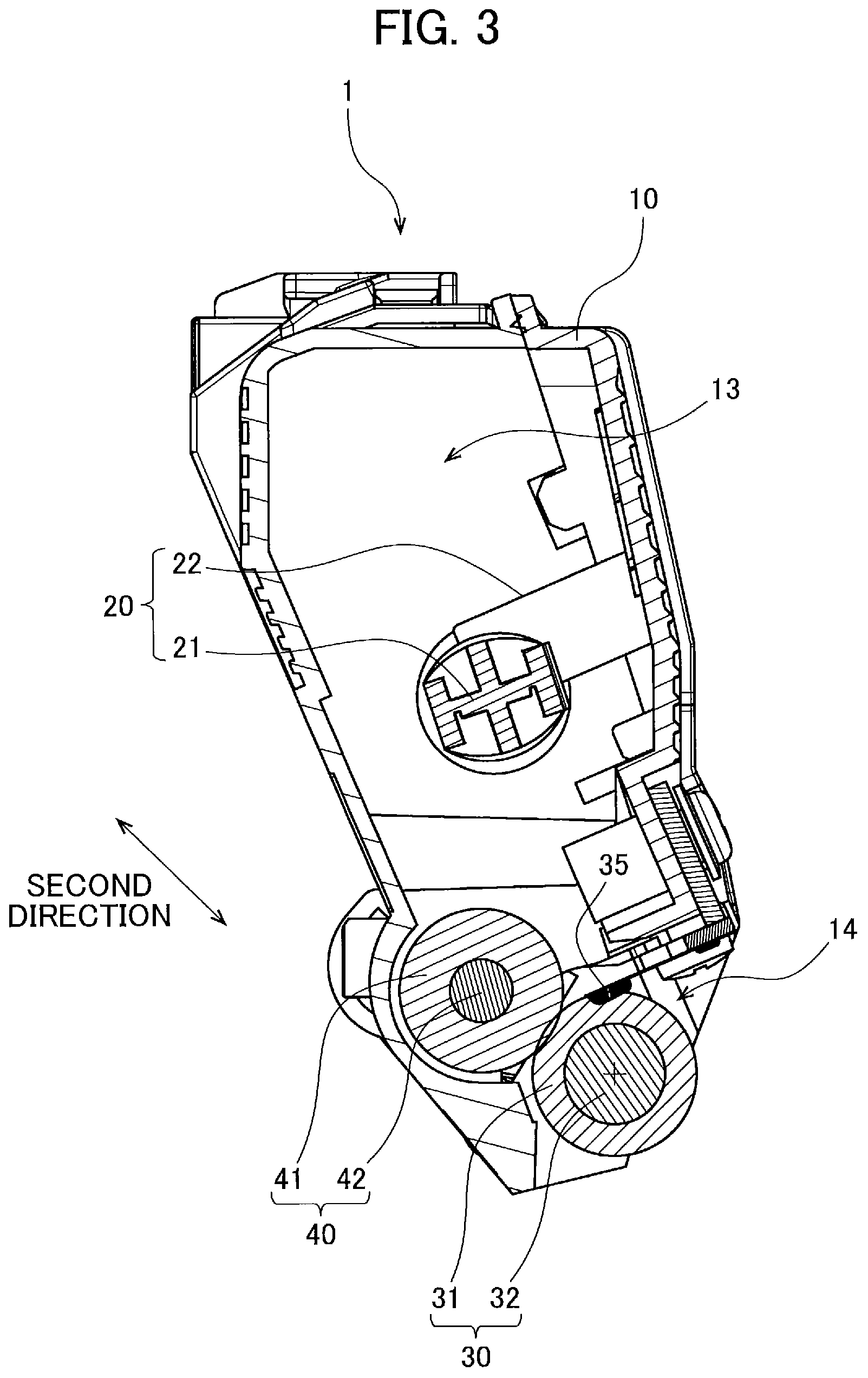 Patent US11774903 Figure 3 – Developing cartridge including casing, and first lever pivotally movable about shaft thereof relative to casing