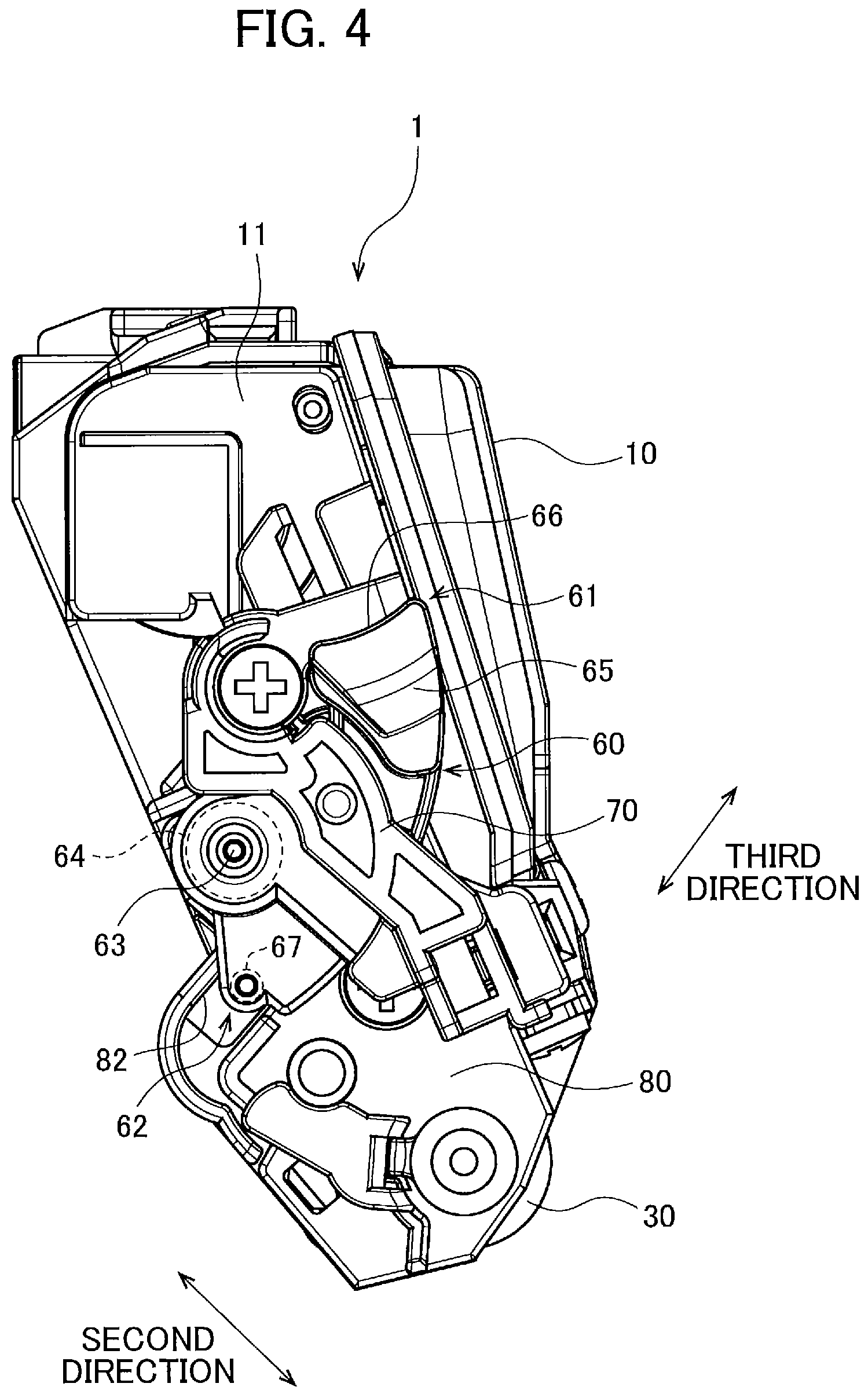 Patent US11774903 Figure 4 – Developing cartridge including casing, and first lever pivotally movable about shaft thereof relative to casing