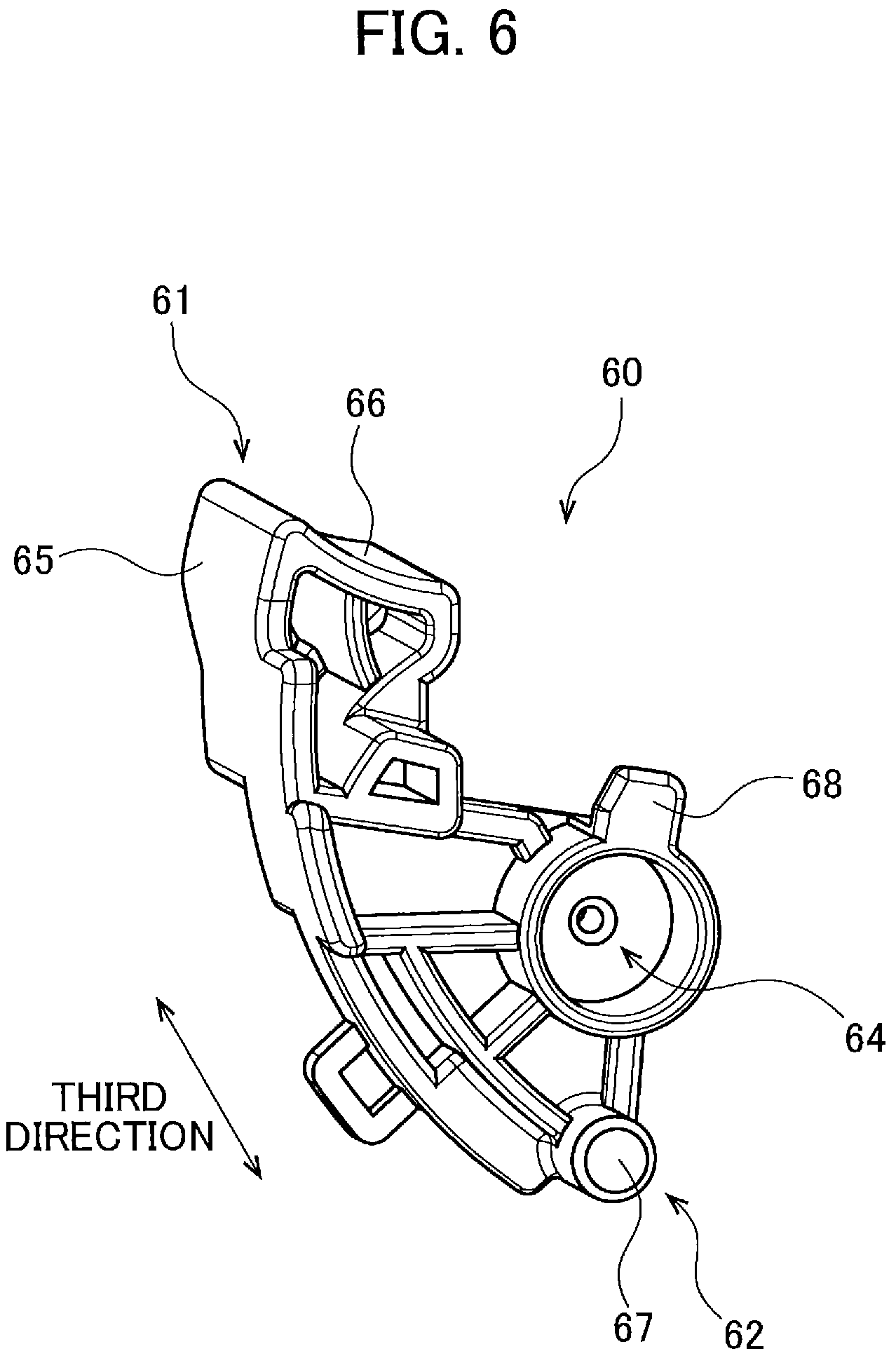 Patent US11774903 Figure 6 – Developing cartridge including casing, and first lever pivotally movable about shaft thereof relative to casing