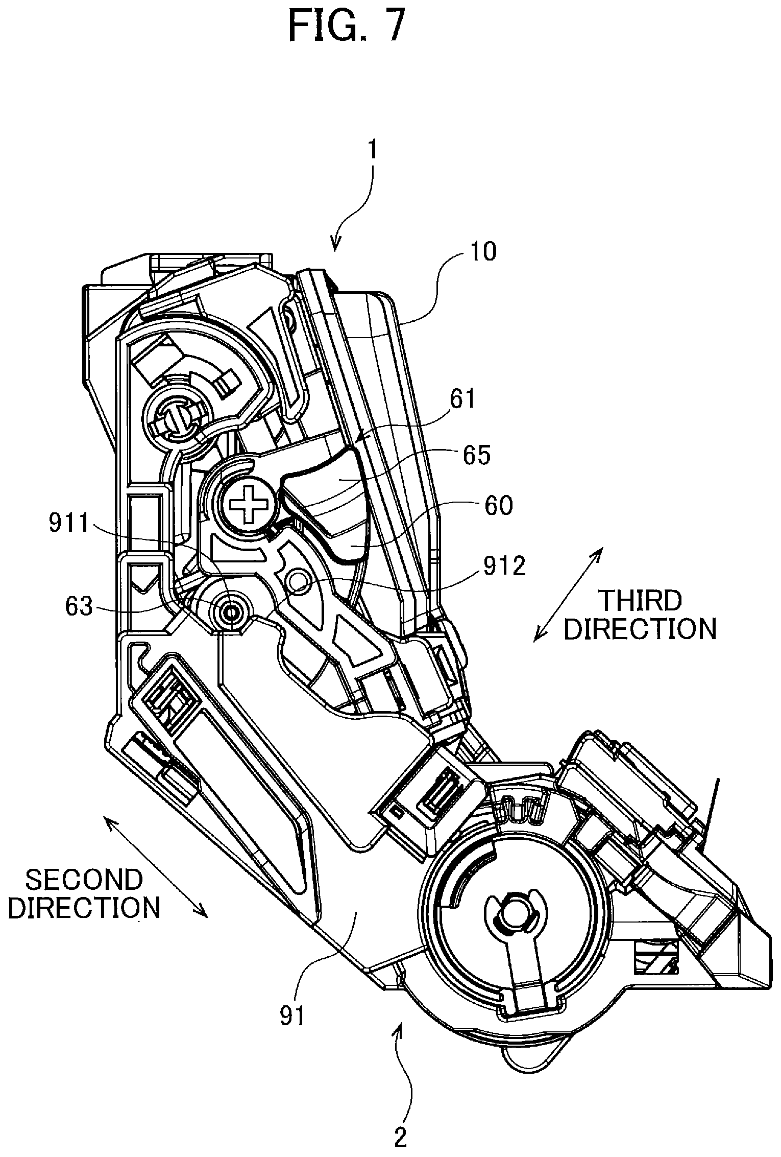 Patent US11774903 Figure 7 – Developing cartridge including casing, and first lever pivotally movable about shaft thereof relative to casing