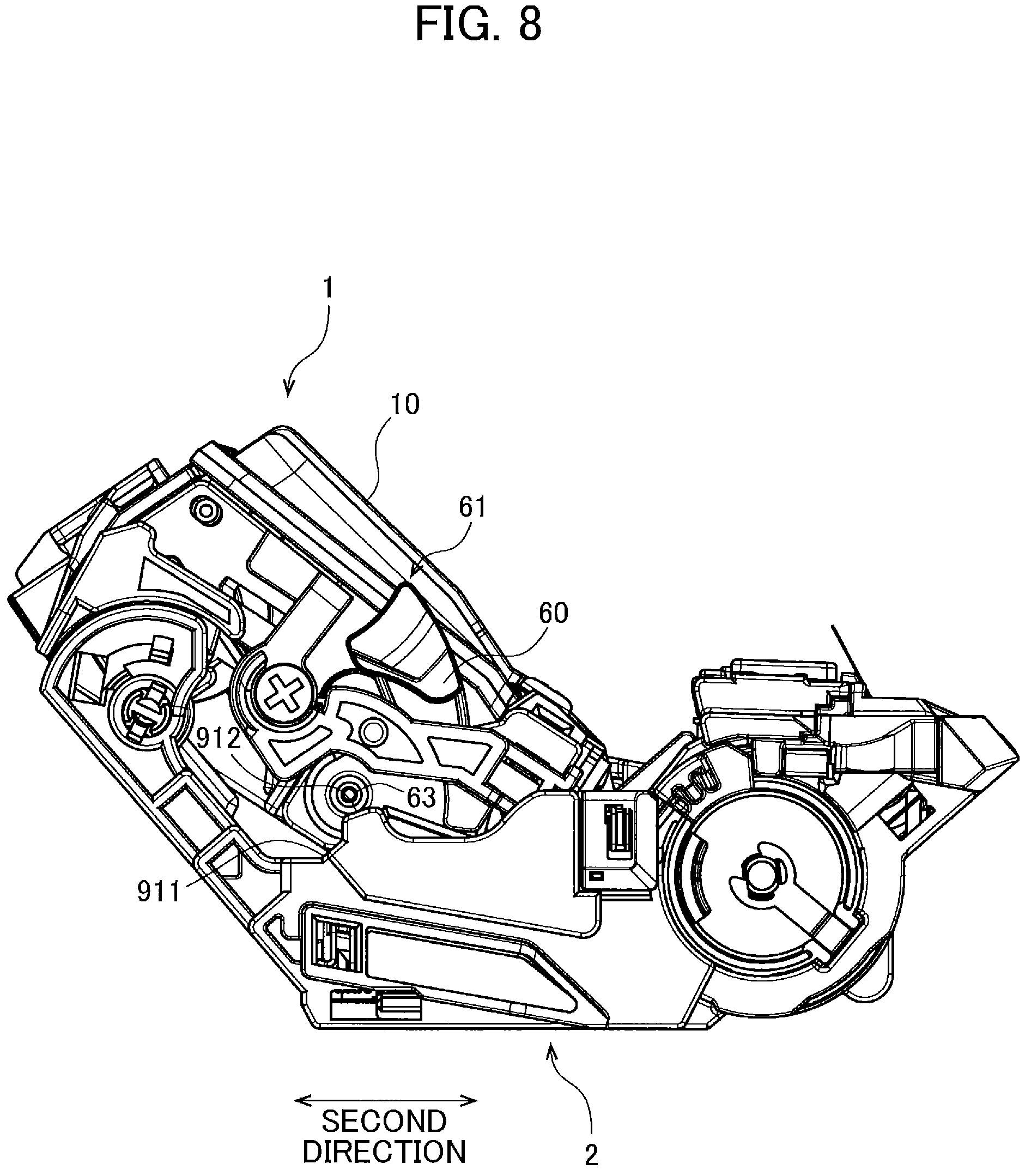 Patent US11774903 Figure 8 – Developing cartridge including casing, and first lever pivotally movable about shaft thereof relative to casing