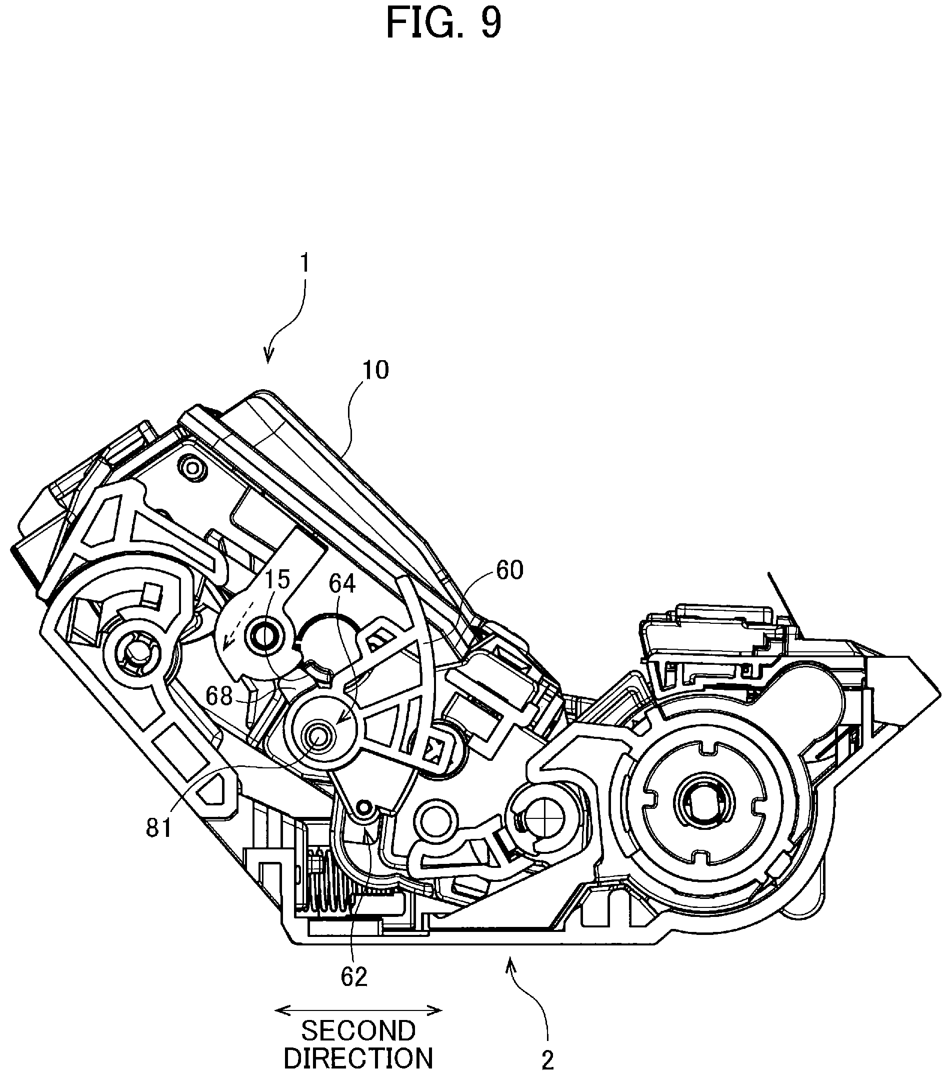 Patent US11774903 Figure 9 – Developing cartridge including casing, and first lever pivotally movable about shaft thereof relative to casing