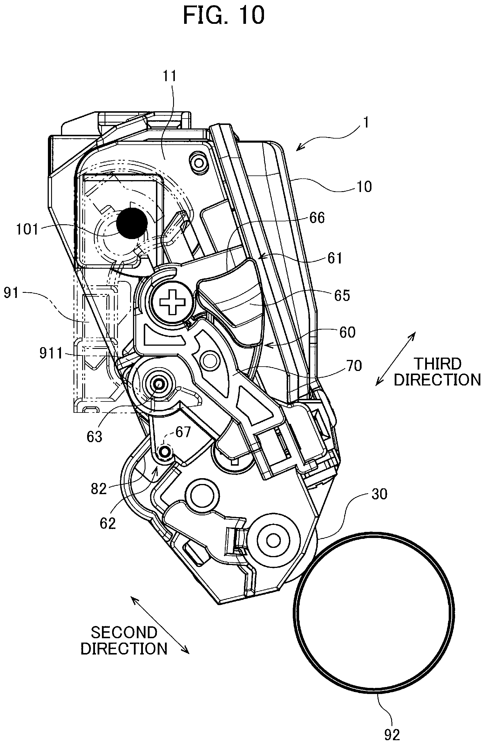Patent US11774903 Figure 10 – Developing cartridge including casing, and first lever pivotally movable about shaft thereof relative to casing