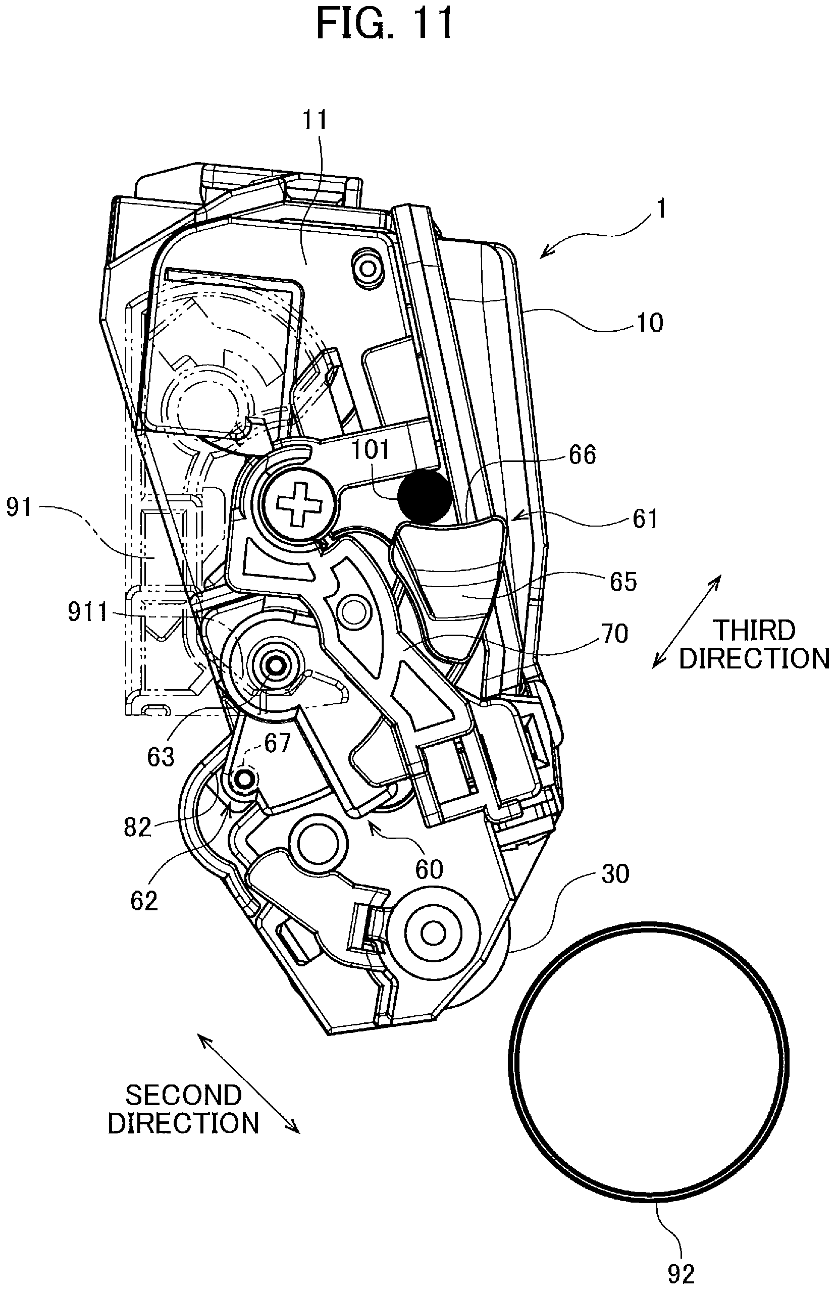 Patent US11774903 Figure 11 – Developing cartridge including casing, and first lever pivotally movable about shaft thereof relative to casing