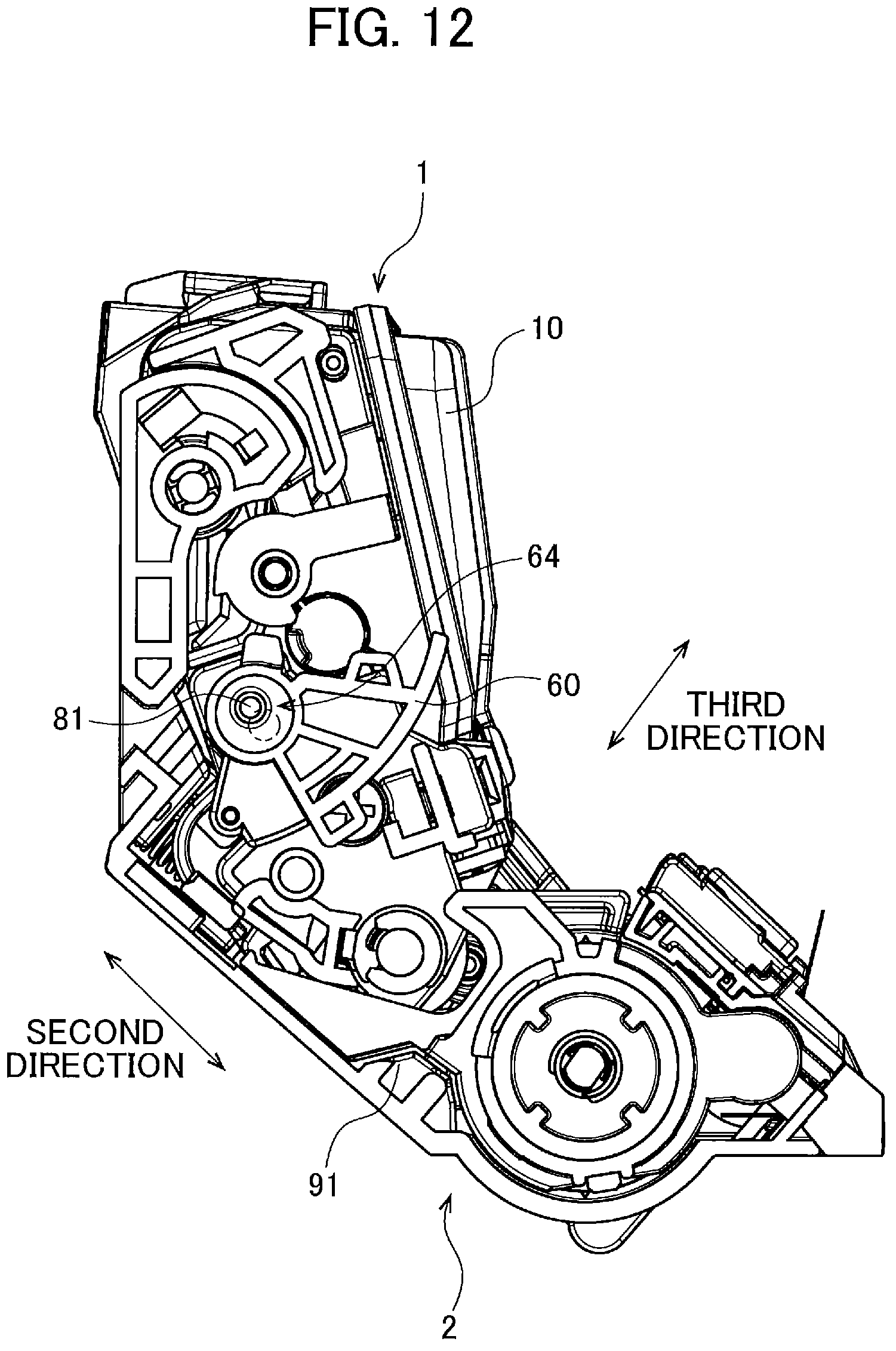 Patent US11774903 Figure 12 – Developing cartridge including casing, and first lever pivotally movable about shaft thereof relative to casing