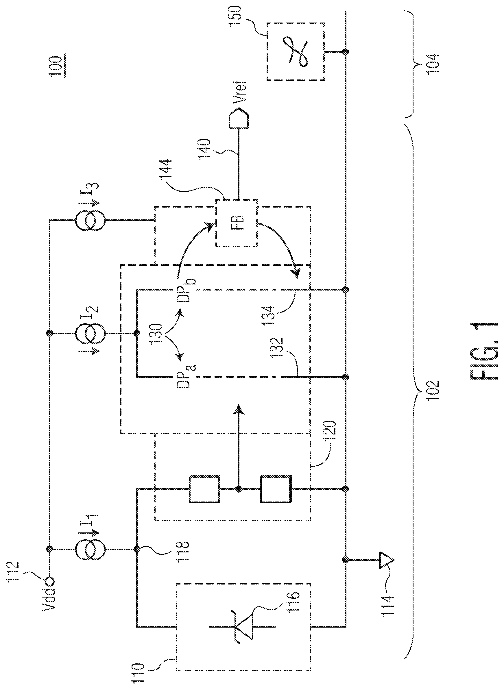Patent US11774999 Figure 1 – Voltage reference generation with compensation for temperature variation