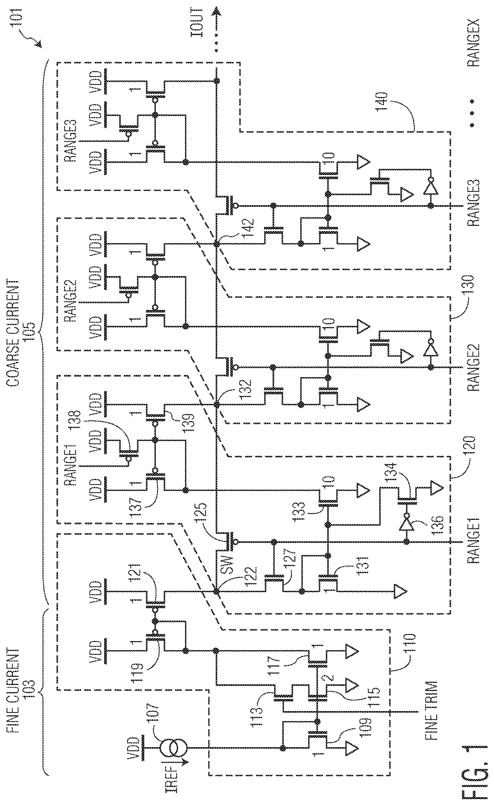 Patent US11775000 Figure 1 – Circuit with selectively implementable current mirror circuitry