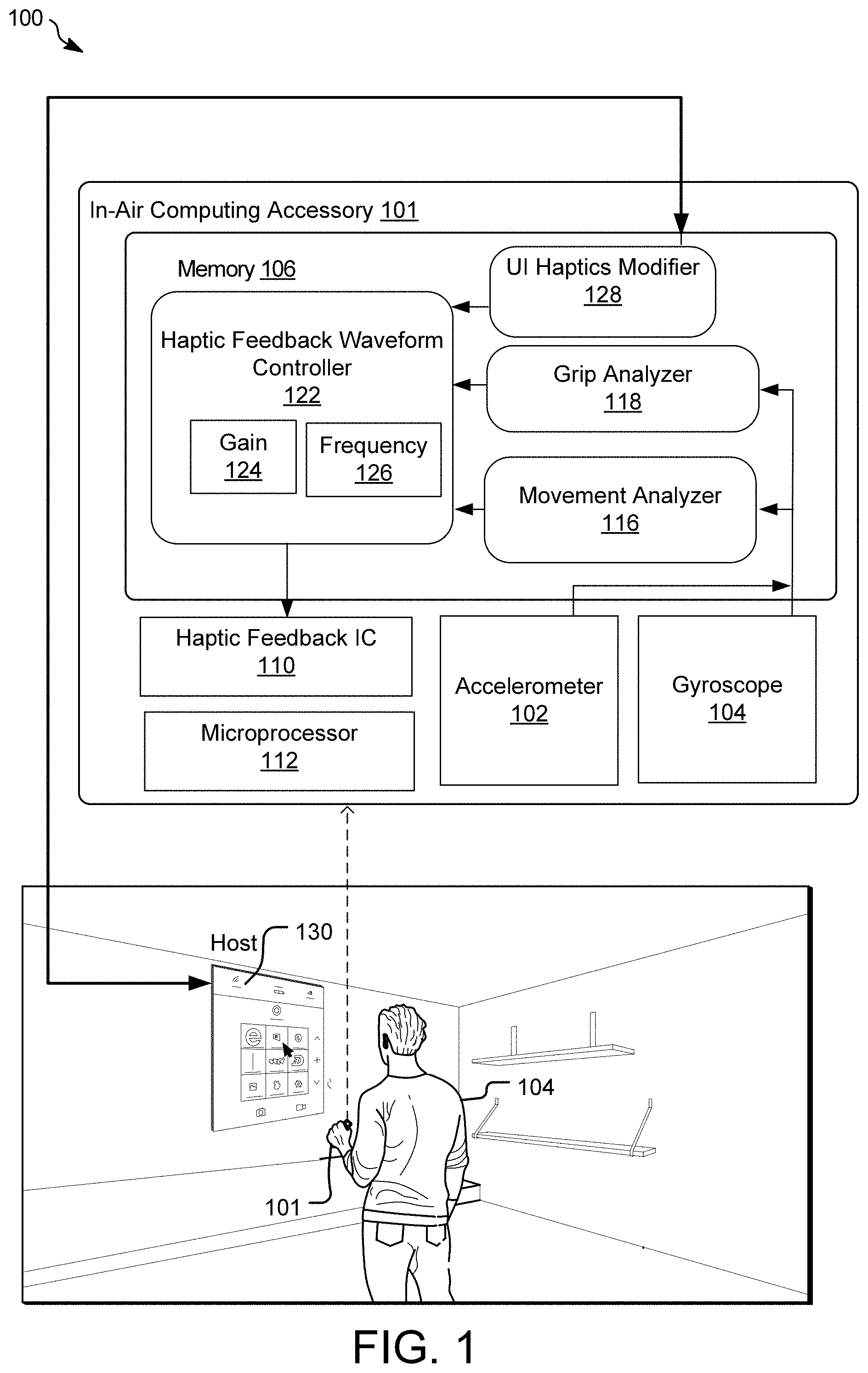 Patent US11775071 Figure 1 – Haptic feedback from a computing accessory