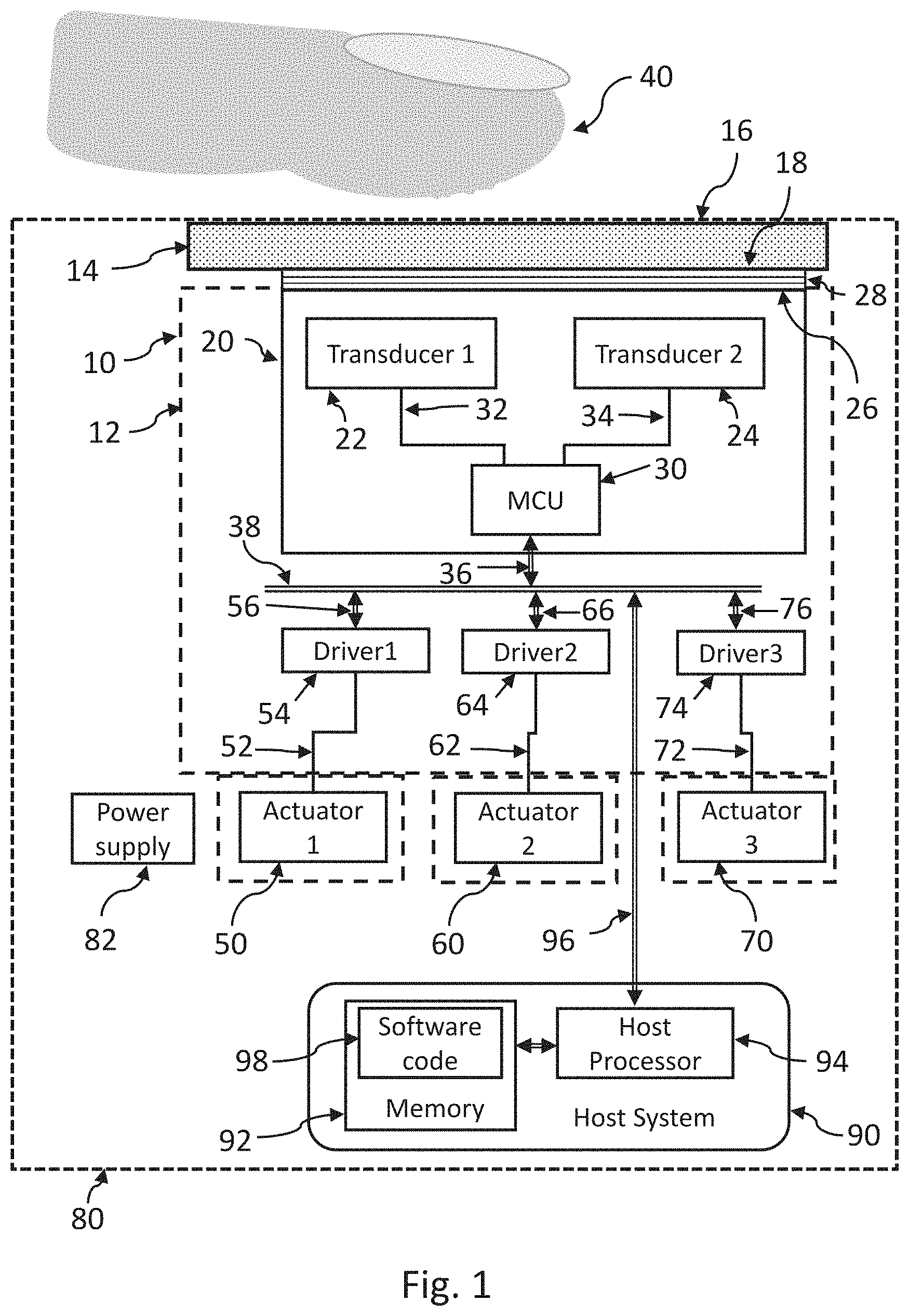 Patent US11775073 Figure 1 – Integrated virtual button module, integrated virtual button system, and method of determining user input and providing user feedback