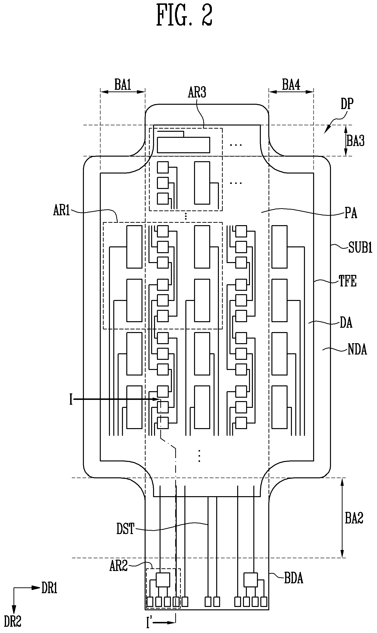 Patent US11775103 Figure 2 – Touch sensing display device with integrated multiplexed antenna function