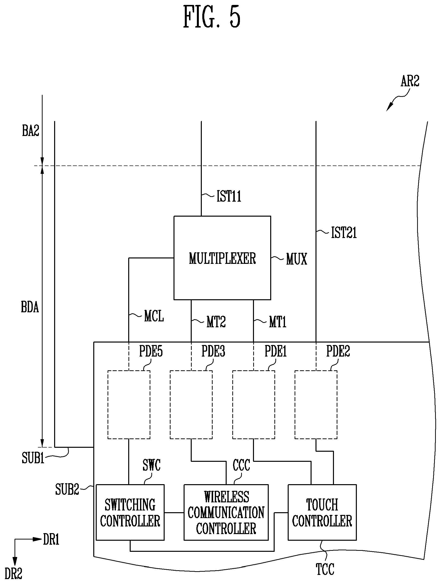 Patent US11775103 Figure 5 – Touch sensing display device with integrated multiplexed antenna function