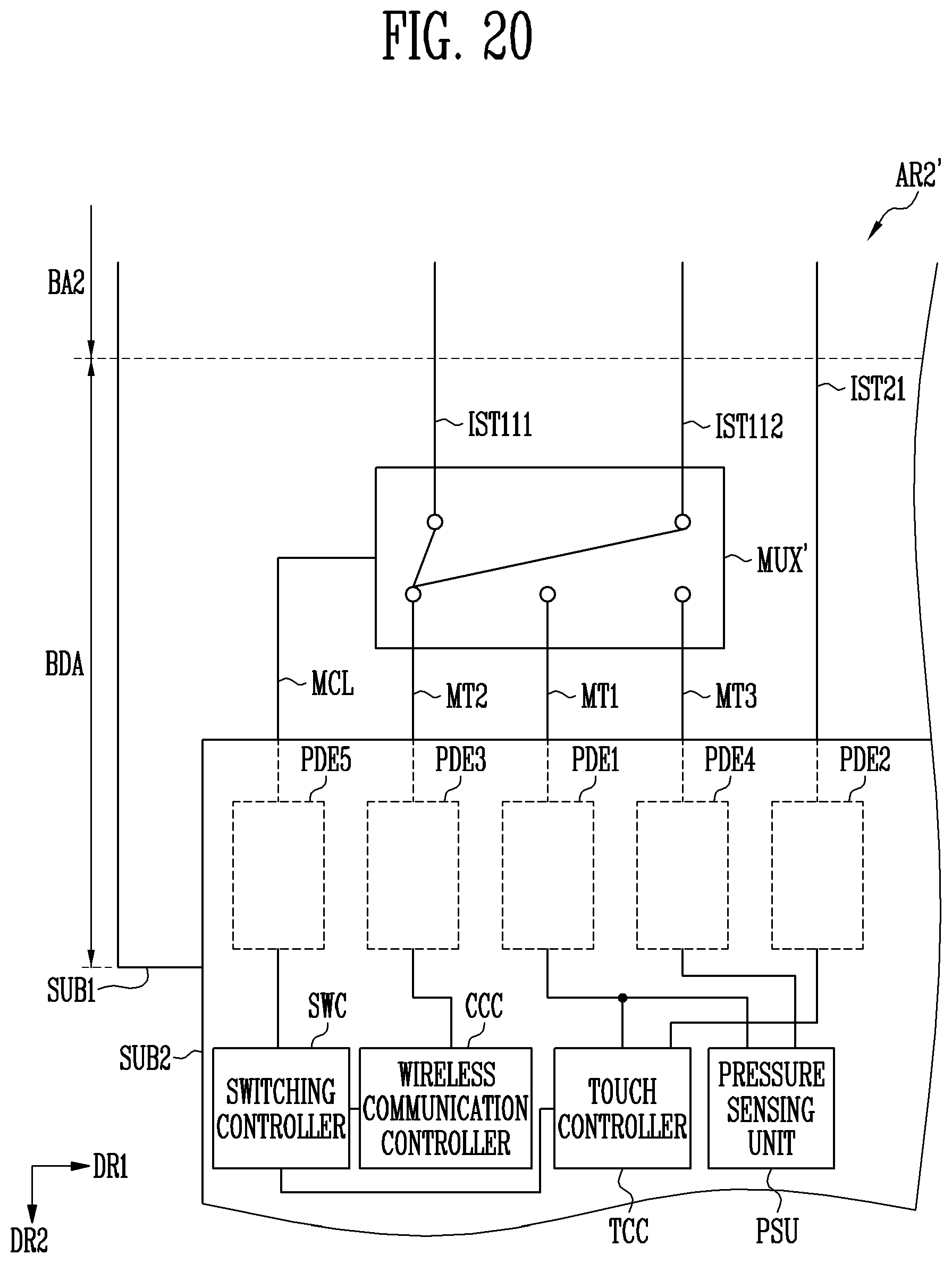 Patent US11775103 Figure 20 – Touch sensing display device with integrated multiplexed antenna function