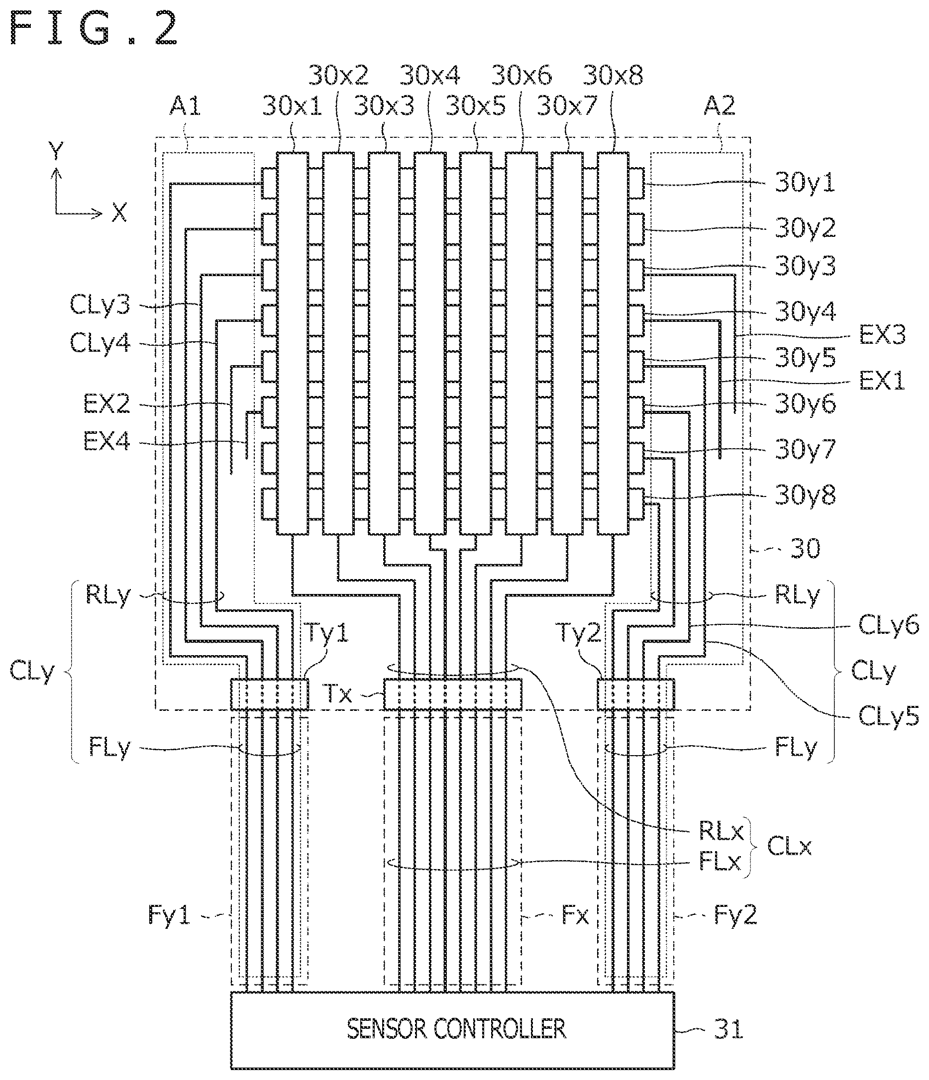 Patent US11775105 Figure 2 – Extension wires and connection wires for position detection device and sensor panel