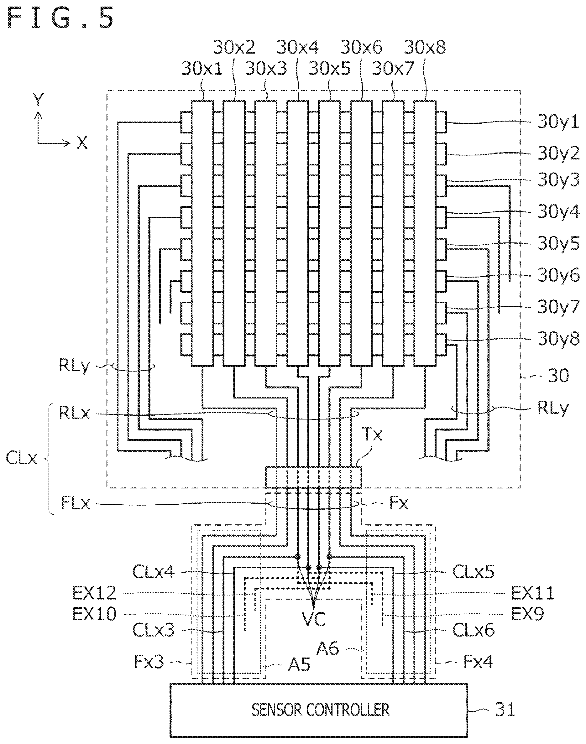 Patent US11775105 Figure 5 – Extension wires and connection wires for position detection device and sensor panel